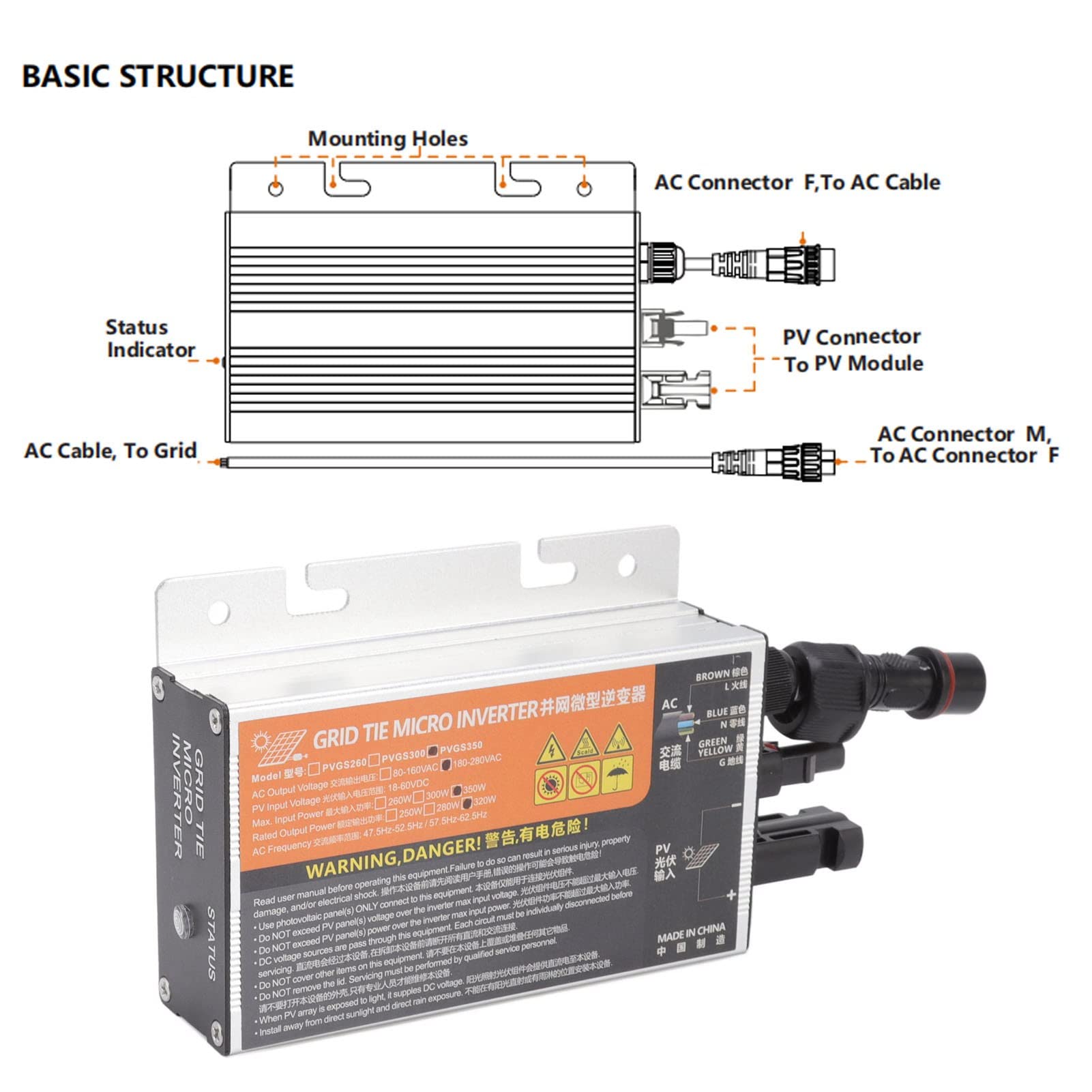 Haofy 350W Solar Micro Inverter Grid Tie - 10A High Efficiency Pure Sine Wave Inverter with 96% Conversion Rate for Home Solar Power System - Perfect for Rooftop PV Panels, Off-Grid Cabins & Renewable Energy Projects