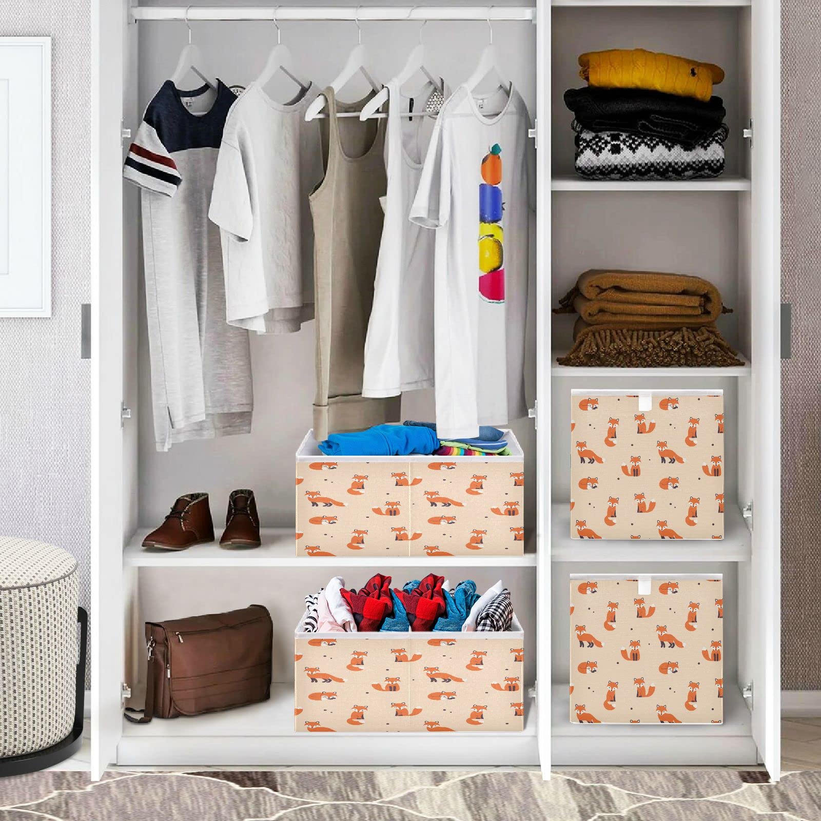 Bolaz Fox Pattern Storage Cubes - Foldable Fabric Bins for Home, Kids Room, Closet & Toy Organization | Perfect for Shelves, Cabinets & Nursery Decor