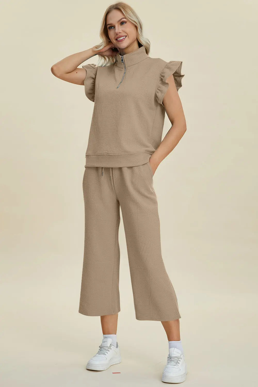 Double Take Women's Full Size Textured Ruffle Short Sleeve Top & Wide Leg Pants Set | Casual Outfit for Summer, Beach, Date Night & Office Wear