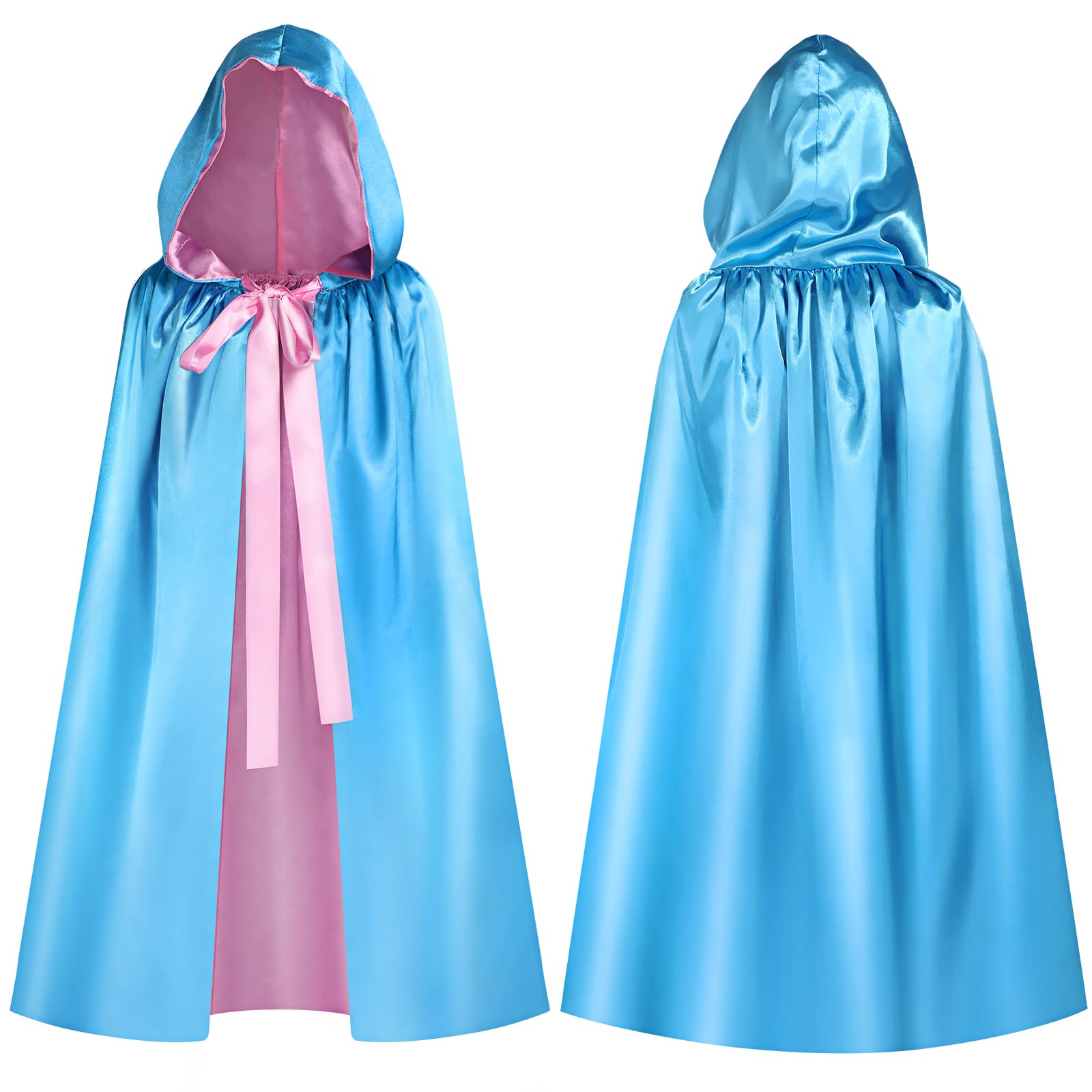 Blue Fairy Hooded Cloak Costume for Women - Polyester Cape with Pink Ribbon | Princess Cosplay, Renaissance Fair, Halloween Dress Up, Fantasy Costume Party