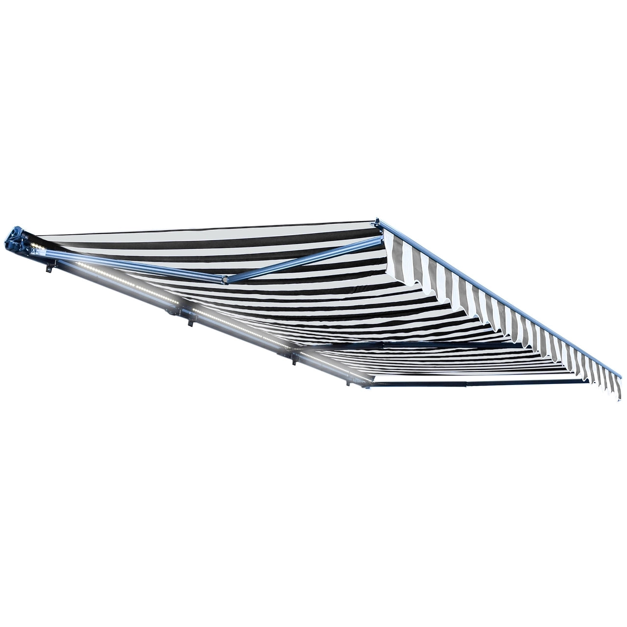 16x10ft Aleko Half Cassette Motorized Retractable LED Patio Awning - Gray & White Stripes for Outdoor Shade & Luxury Backyard Relaxation
