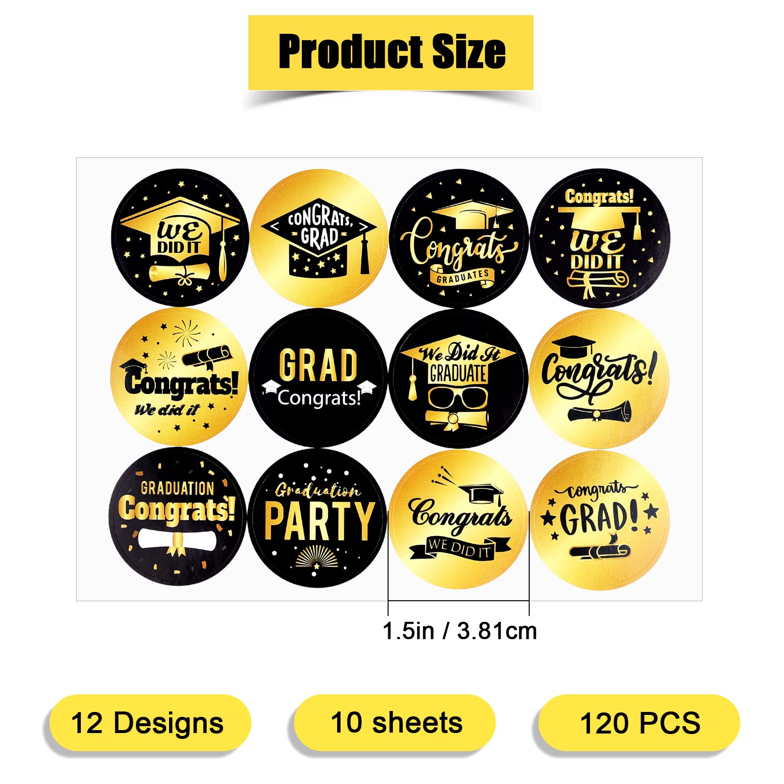 120pcs 1.5 Inch Graduation Round Stickers - 12 Black & Gold Design Patterns for Graduation Gifts, Envelopes, Bags & Party Decorations - Perfect for Graduation Celebrations, Class of 2023 Decor & Diploma Seals