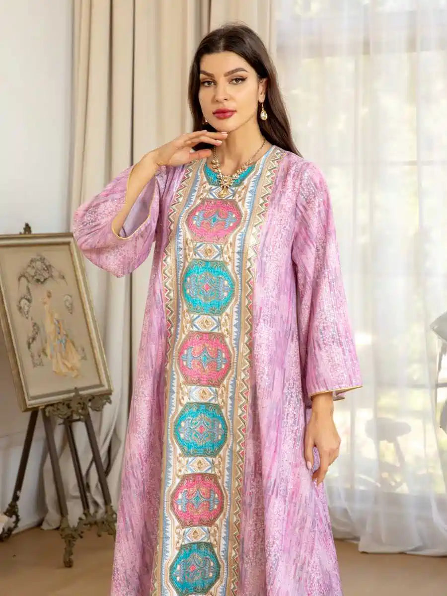 Elegant Eid Dress with Embroidery & Printed Floral Design - Long Caftan Kaftan Dress for Women #25426 | Perfect for Eid Celebrations, Weddings & Special Occasions