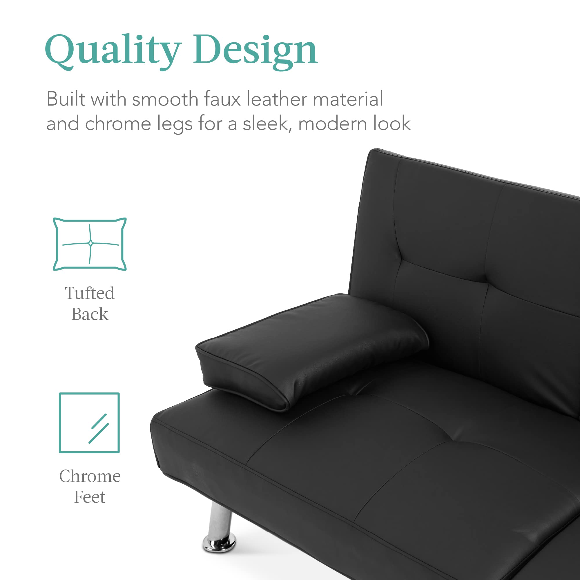 Best Choice Products Faux Leather Convertible Futon Sofa Bed - Adjustable Folding Guest Bed with Removable Armrests - Modern Upholstered Sleeper for Small Spaces, Apartments & Home Office - Black