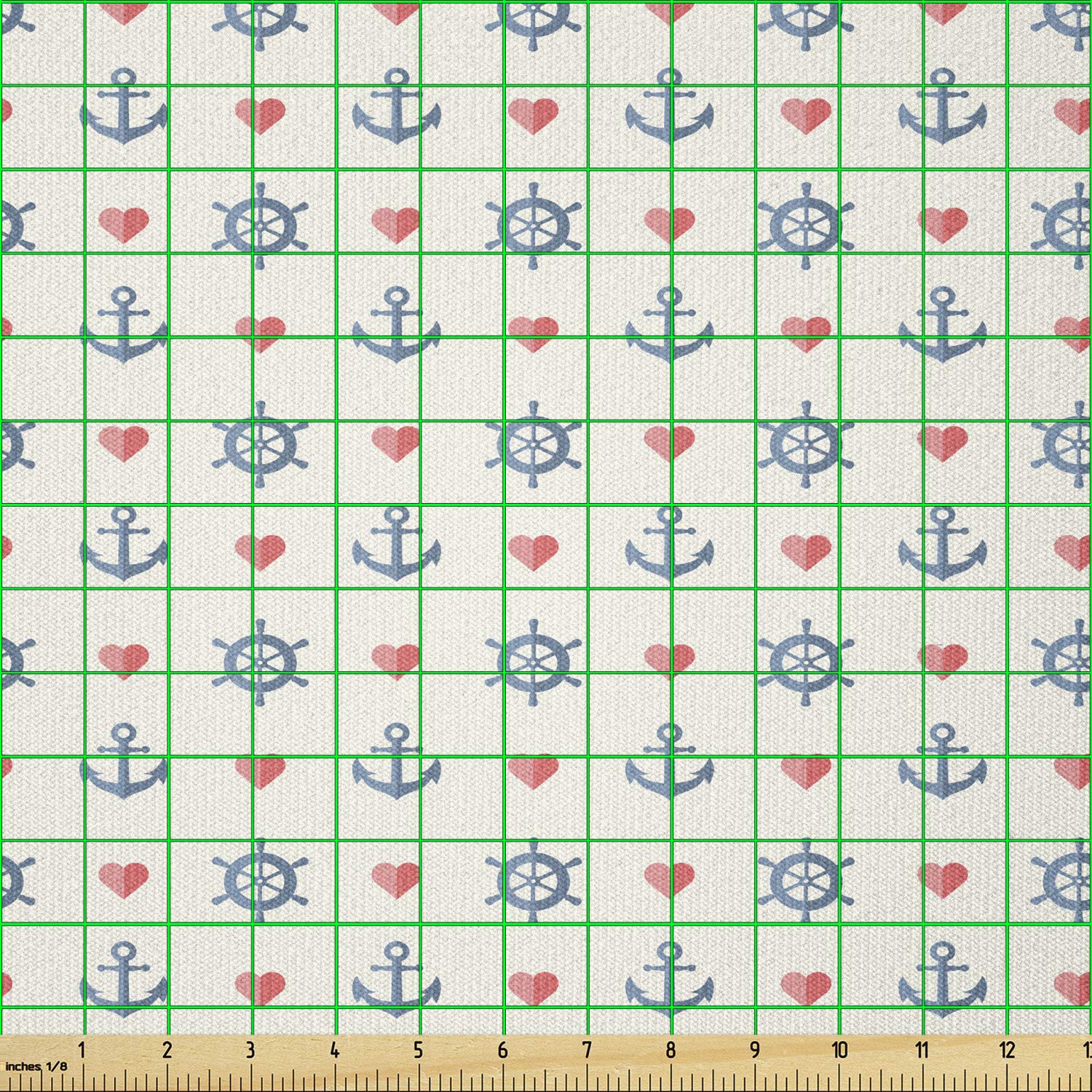 Ambesonne Anchor Stretch Knit Fabric by The Yard - Maritime Ocean Pattern with Red Hearts for Clothing, Sewing & Crafts (10 Yards, Blue Red White) - Perfect for DIY Apparel, Home Decor & Gift Making