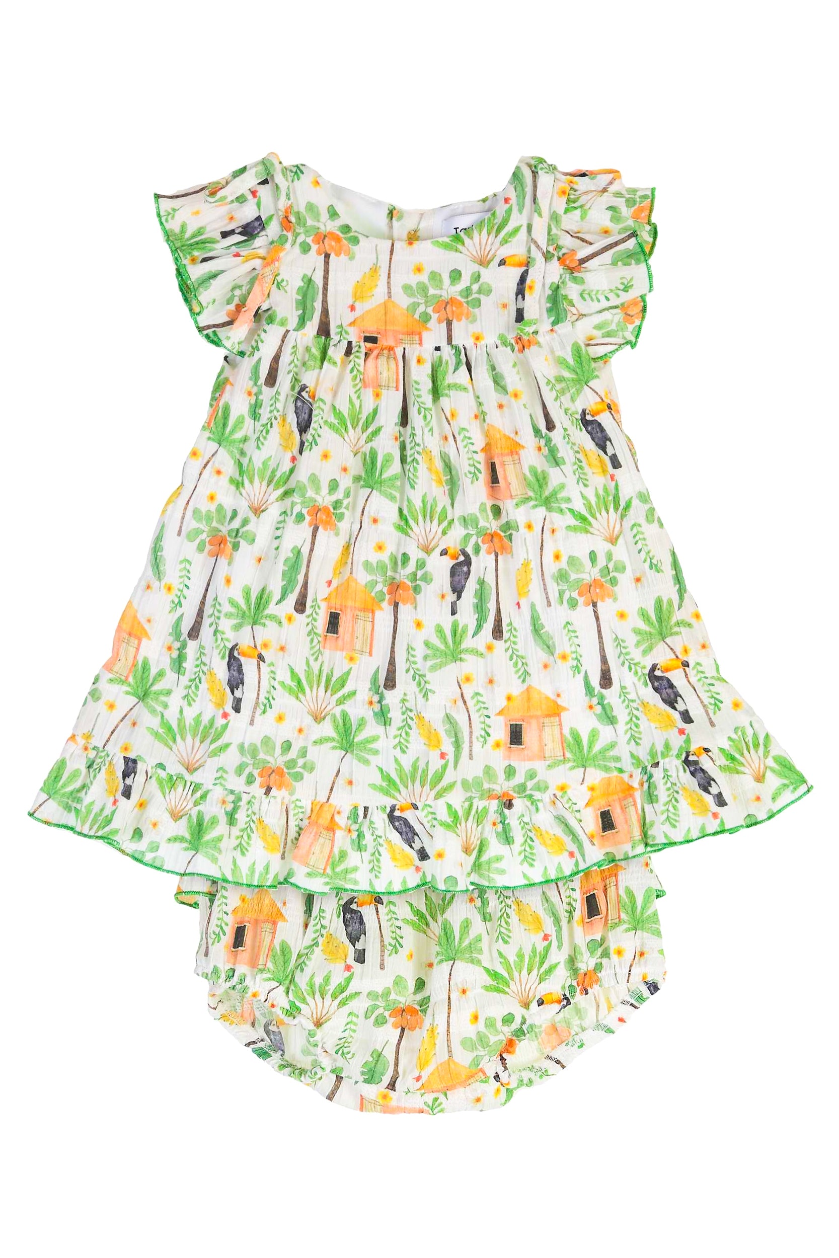 Brielle Green Jungle Print Dress & Bloomers Set - Floral Tropical Summer Outfit for Girls - Perfect for Parties, Photos & Outdoor Adventures