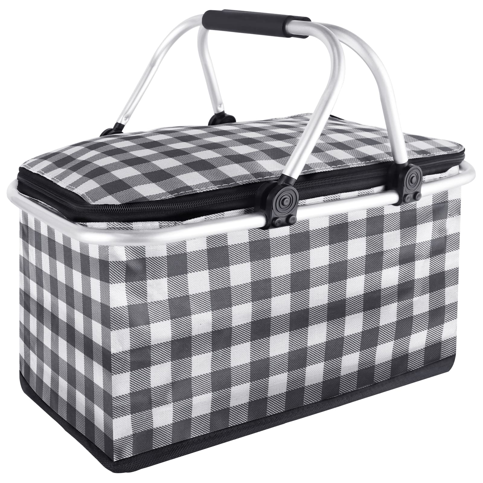 KEFOMOL 32L Insulated Collapsible Picnic Basket Cooler Bag with Lid & 2 Sturdy Handles - Thermal Grocery Storage Basket for Outdoor Picnics, Beach Trips, Camping, Food Delivery, Takeout, Market Shopping & Travel (Black Grid)