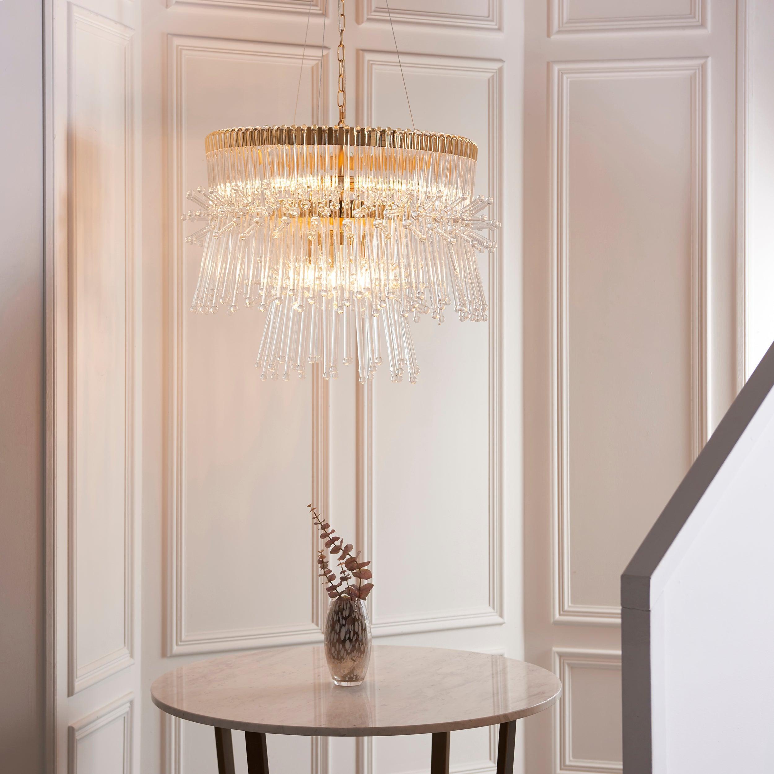 Baronial XL 8-Light Gold Ceiling Pendant with Glass Rods - Elegant Dining Room Lighting for Restaurants and Home Decor