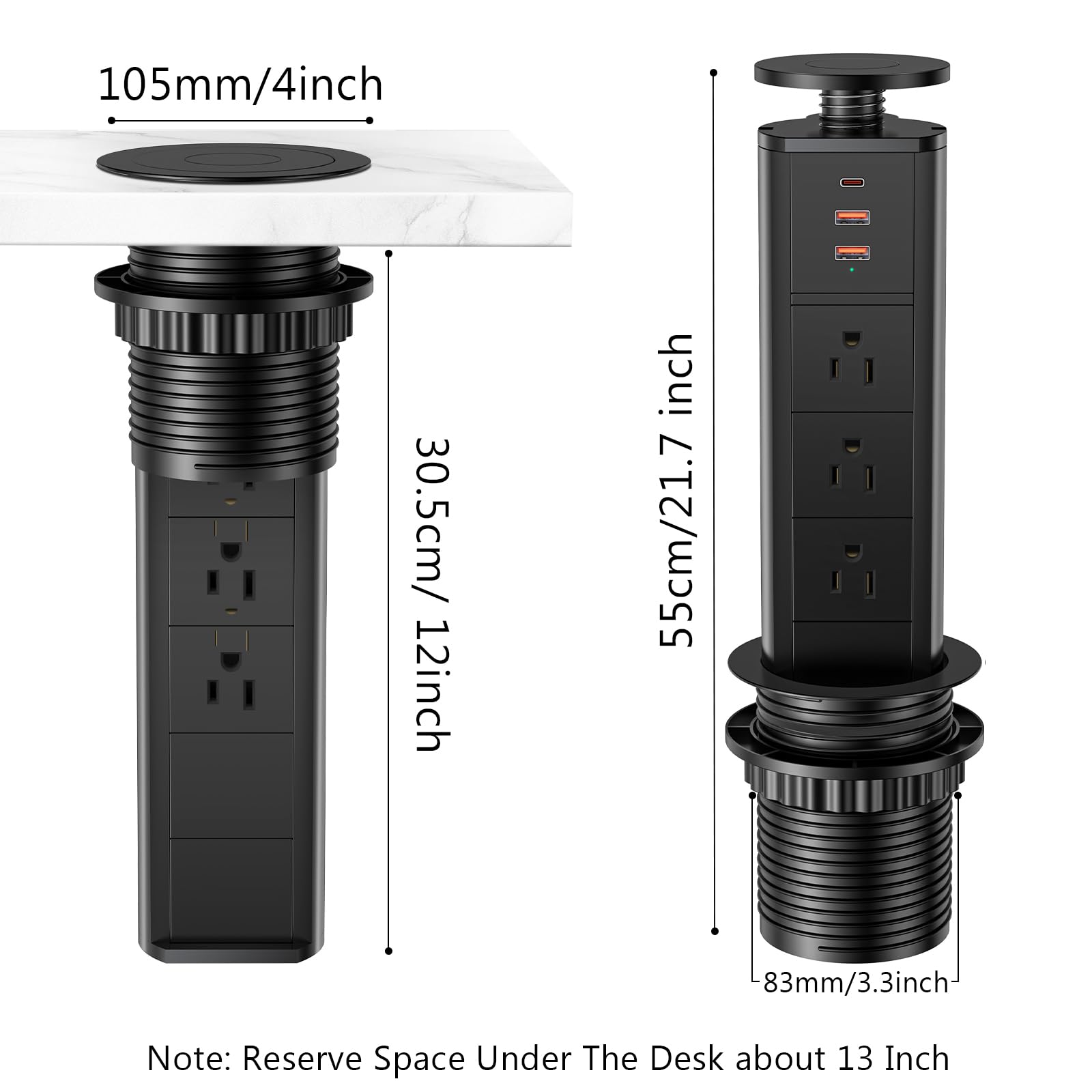 BTU Pop Up Outlet with 3 AC Outlets & 3 USB Ports (2 USB-A + 1 USB-C) - Hidden Countertop Power Outlet for Kitchen, Office & Conference Room - Space Saving Electrical Solution for Home & Workplace