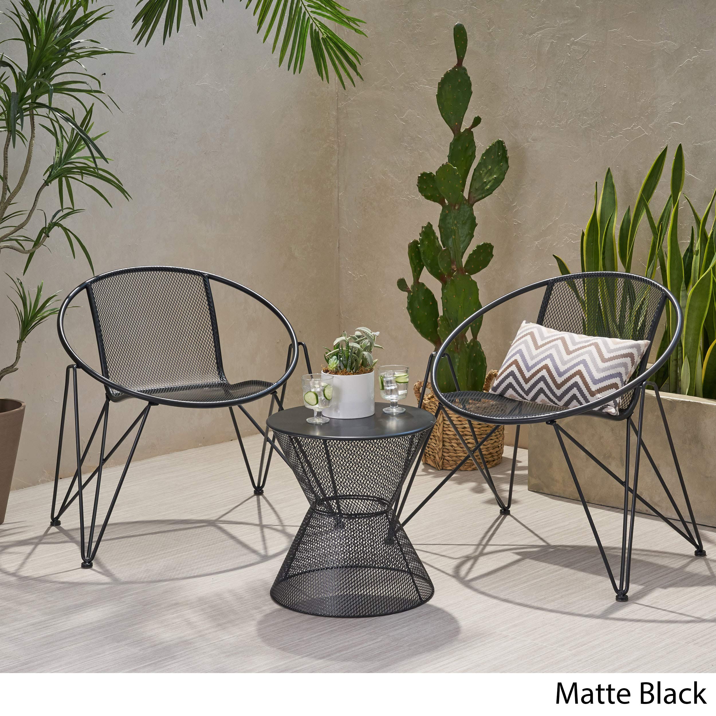 Modern Outdoor Iron Chat Set with Side Table - Matte Black Patio Furniture for Garden, Deck, or Poolside - Durable & Weather-Resistant Conversation Set