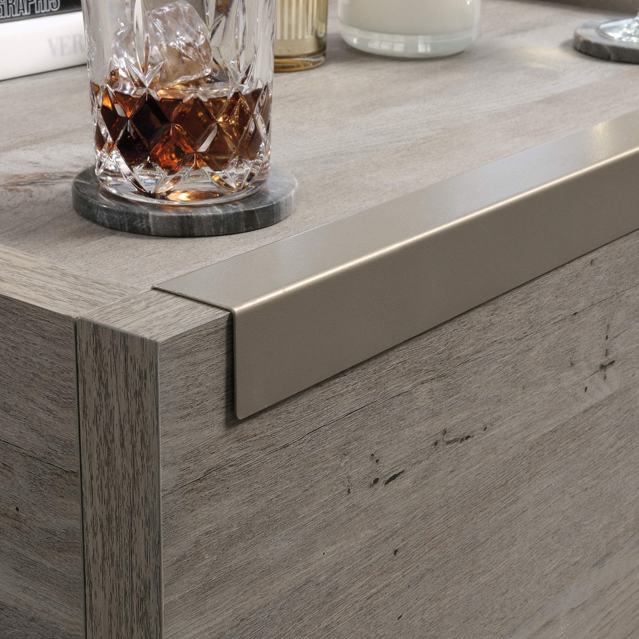 Modern Farmhouse Coffee Table - Sauder Manhattan Gate, Mystic Oak, 2 Drawers for Living Room