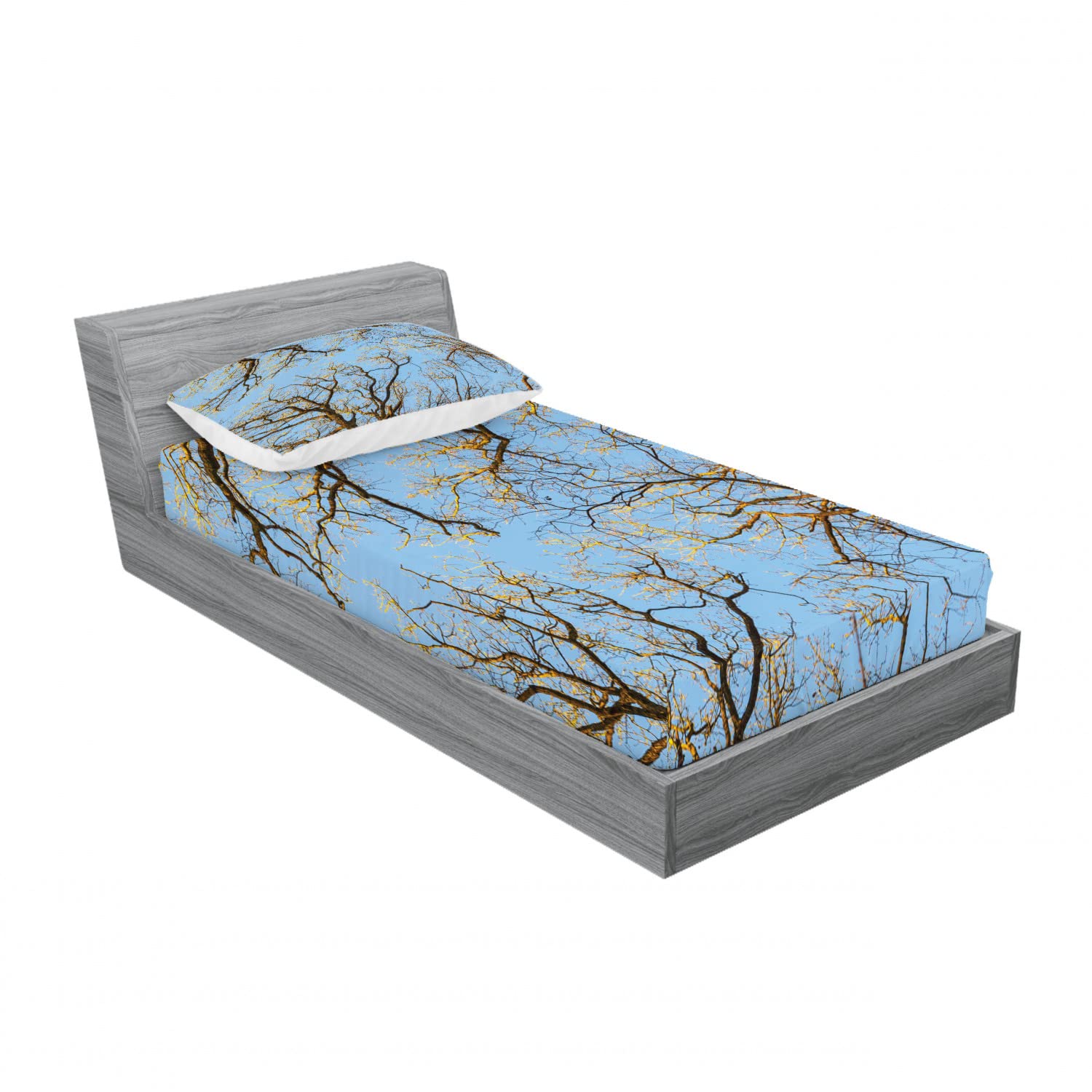 Ambesonne Nature 2-Pack Twin Fitted Sheet & Pillow Sham Set - Vibrant Sky with Trees Design, 4-Piece Blue & Brown Bedding Collection | Perfect for Kids Rooms, Guest Beds & Dorm Decor