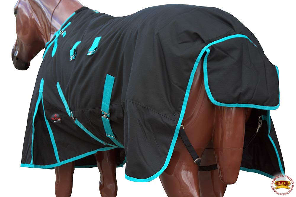 HILASON 1200D Winter Waterproof Horse Blanket with Belly Wrap - 78 Inch Black & Turquoise - Heavy Duty Turnout Blanket for Cold Weather | Ideal for Pasture, Riding, and Stable Use