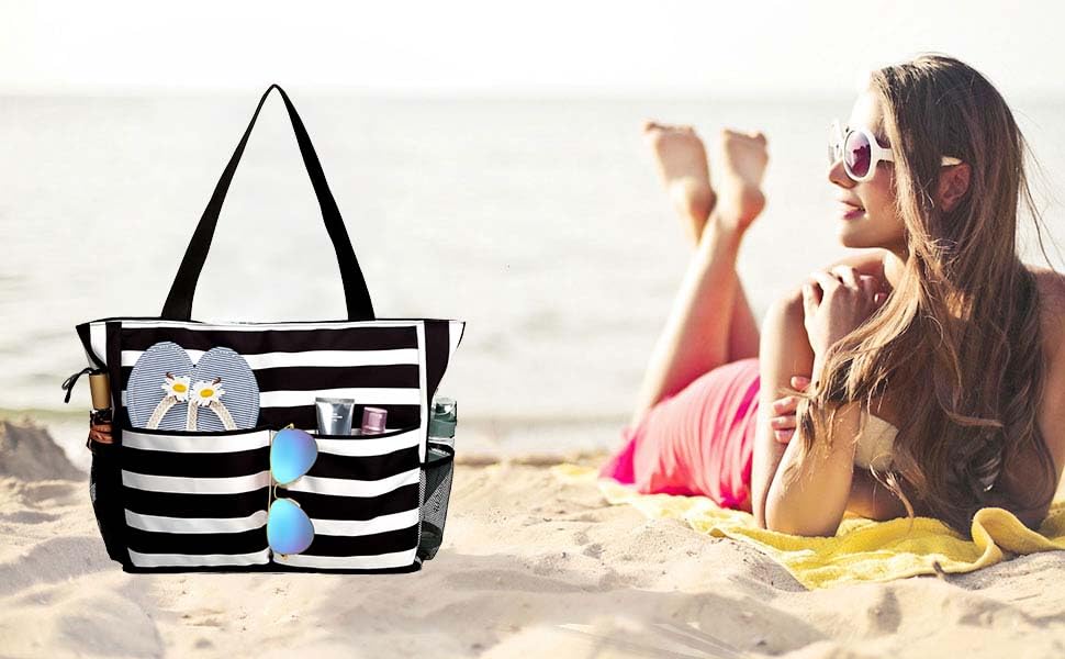 HirTa Women's Large Waterproof Western Hobo Shoulder Bag - Sandproof Beach Tote with Zipper & Wet Pockets for Travel, Pool, Grocery Shopping & Teacher Use - Black Checkered Pattern