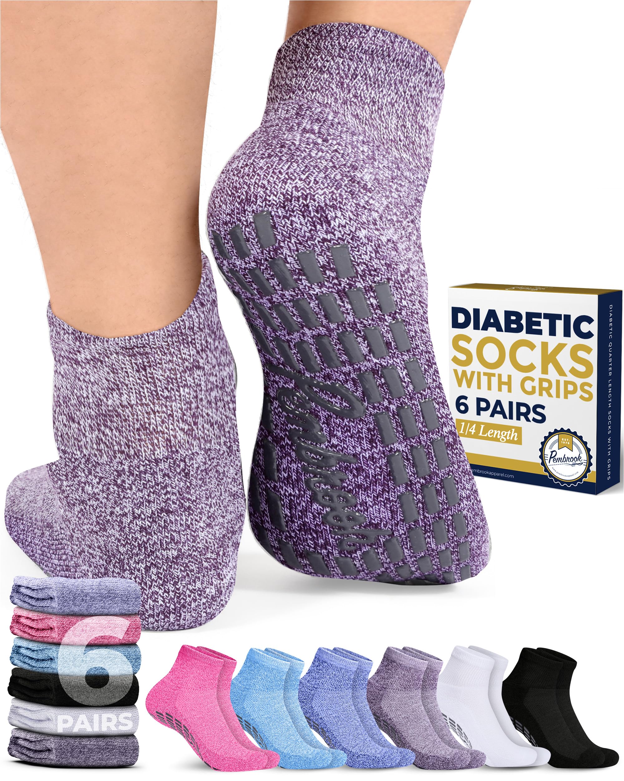 Pembrook 6 Pairs Diabetic Ankle Socks for Men & Women - Non-Slip Grips, 12 Colors, Neuropathy & Edema Relief Socks for Circulation - Perfect for Daily Wear, Work & Exercise