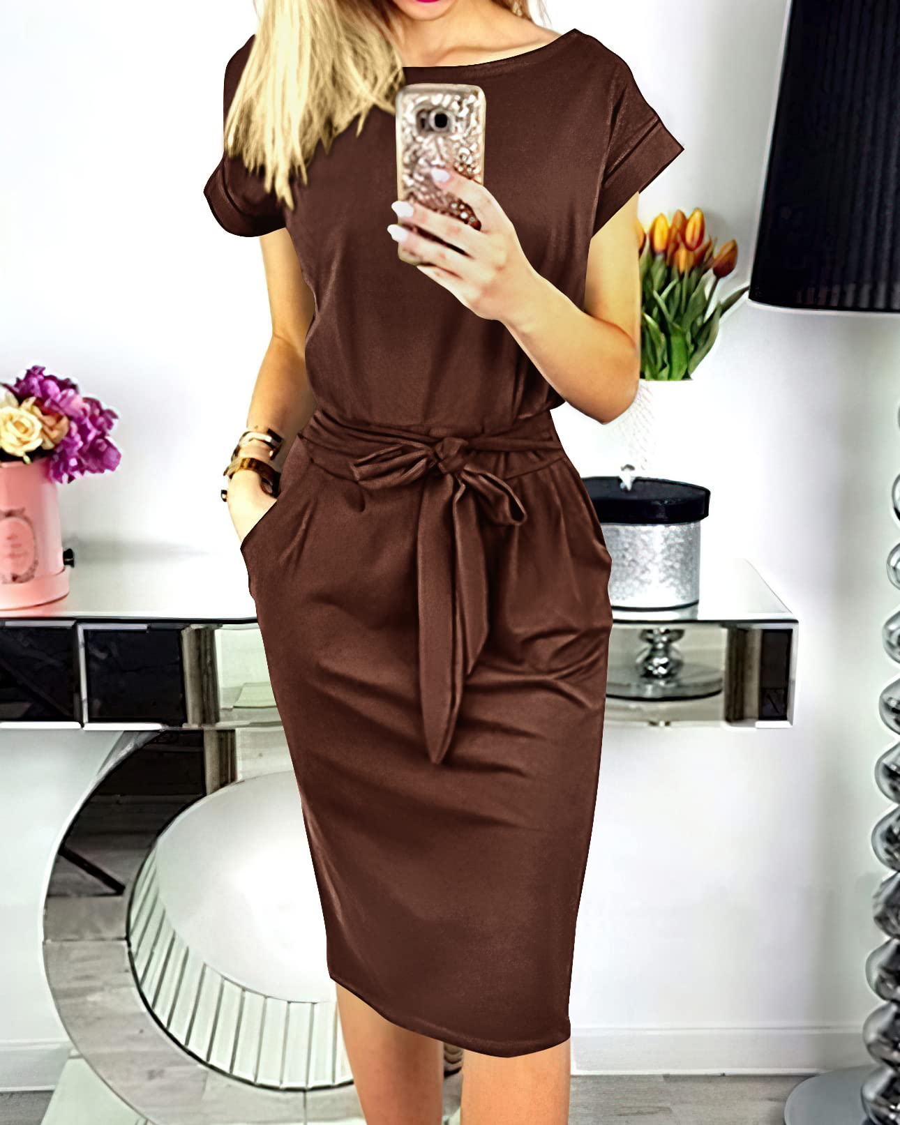 PRETTYGARDEN Women's Summer Striped T-Shirt Dress - Short Sleeve Crewneck Office Dress with Tie Waist & Pockets - Casual Workwear, Weekend Outings & Summer Vacations
