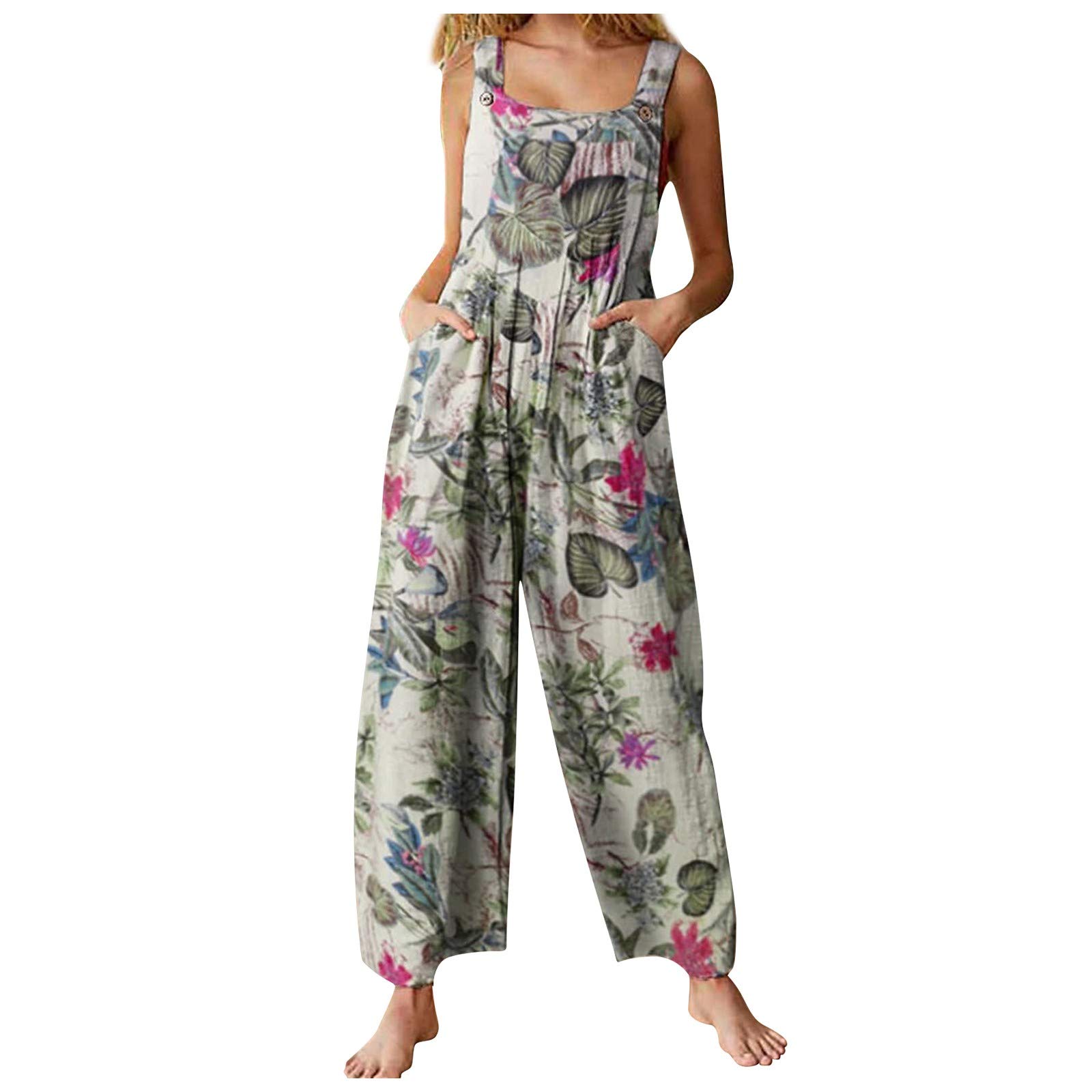 Haoricu Women's Loose Fit Vintage Button Tank Jumpsuit - High Waist Long Romper with Pockets | Casual Summer Outfit, Beach Cover Up, Boho Chic Fashion