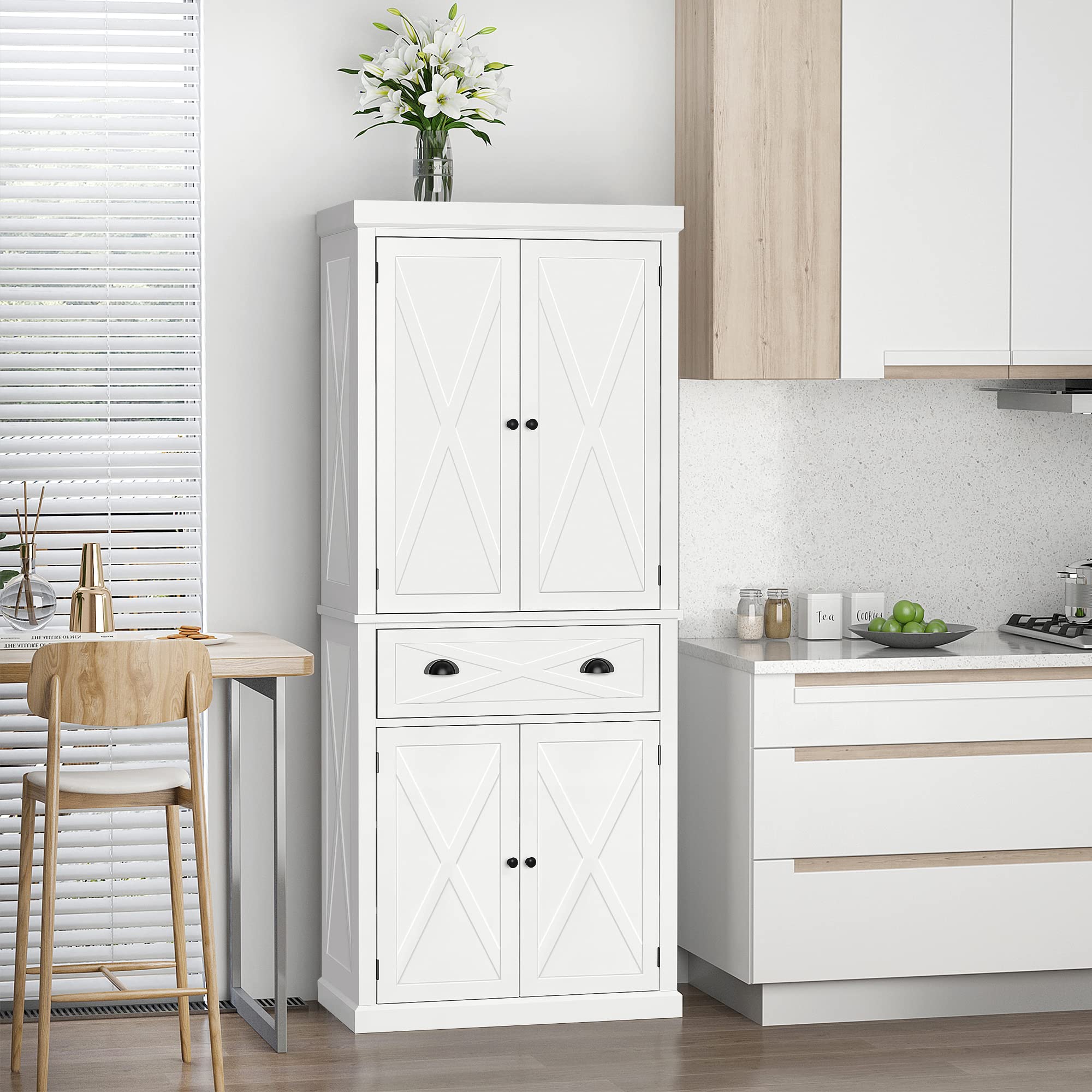 HOMCOM 72 Inch White Kitchen Pantry Cabinet - Freestanding Storage Cupboard with 4 Doors, 3 Adjustable Shelves & Large Drawer - X-Frame Design for Dining Room, Kitchen Organization & Home Storage