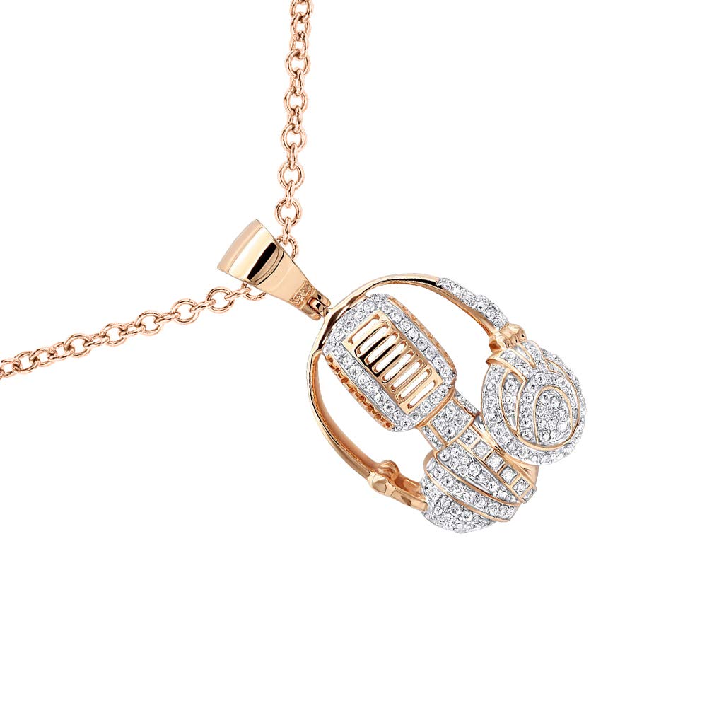 14k Gold & .925 Sterling Silver 1Ct Round Cut White Diamond Microphone & Headphones Pendant - Perfect Gift for Music Lovers, DJs, and Singers