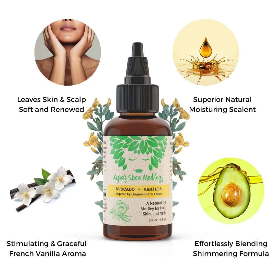 Natural Avocado & Vanilla Oil Blend for Face, Body & Hair Care - Hydrating Dry Skin, Scalp & Nails with Shea Nut Oil & Vitamin E - 2 oz Multi-Purpose Moisturizer for Daily Skincare & Hair Treatment