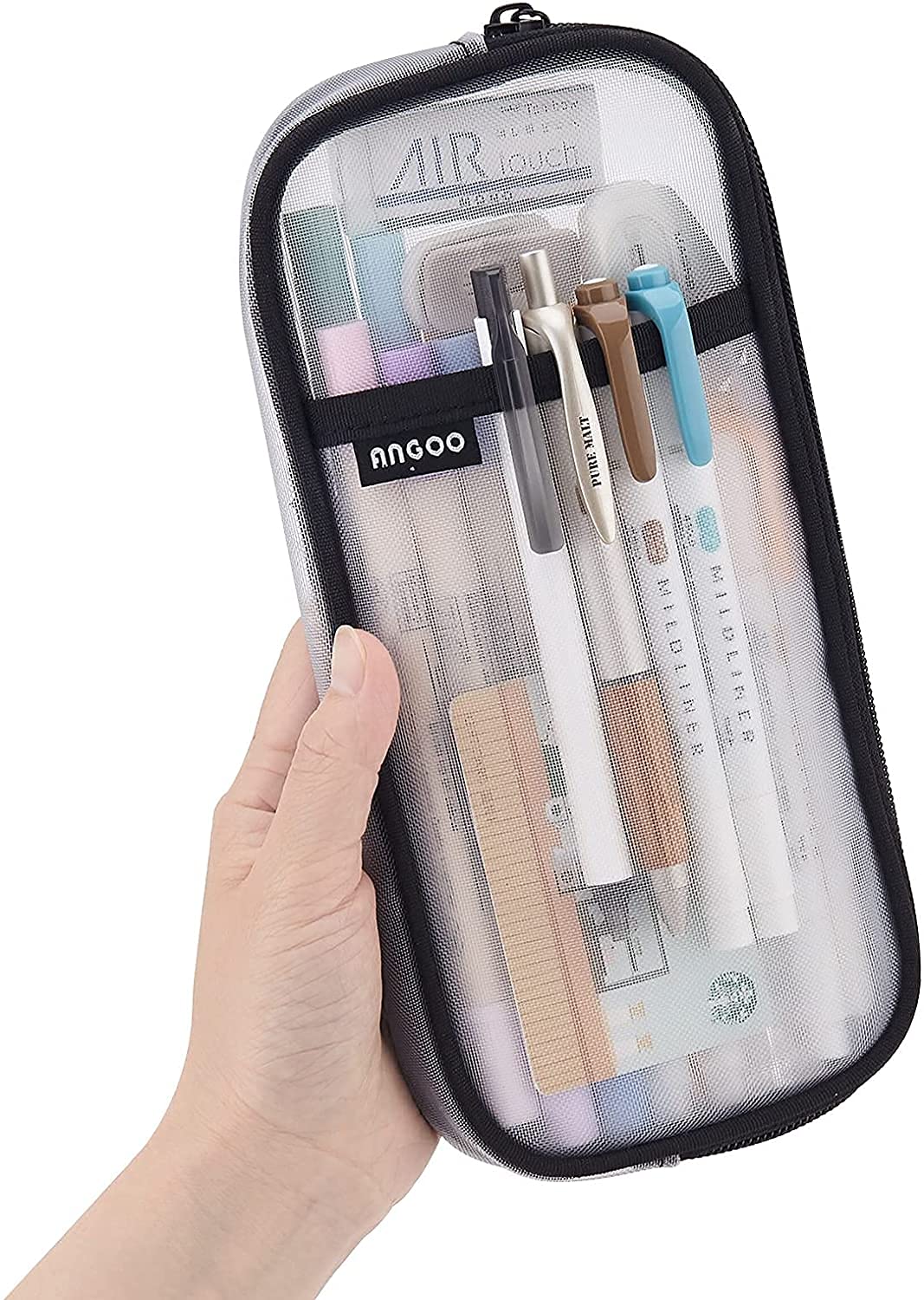 EEYZD Clear Grid Mesh Pencil Case with Zipper - Transparent Makeup Pouch & Multi-Purpose Organizer for School, Office & Travel - Perfect for Teens, Women & Adults (White) | Ideal for Cosmetics, Stationery & Daily Essentials Storage
