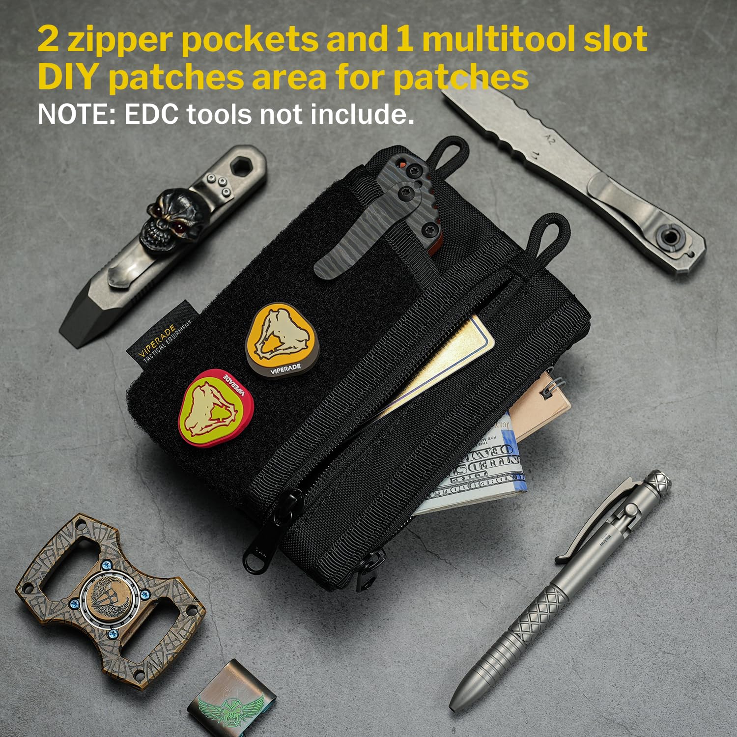 Viperade VE16 EDC Pouch - 7 Pocket Tactical Organizer for Men | Small Multi-Tool Pouch with Hook & Loop Closure | Perfect for Everyday Carry, Camping & Outdoor Gear (Black)