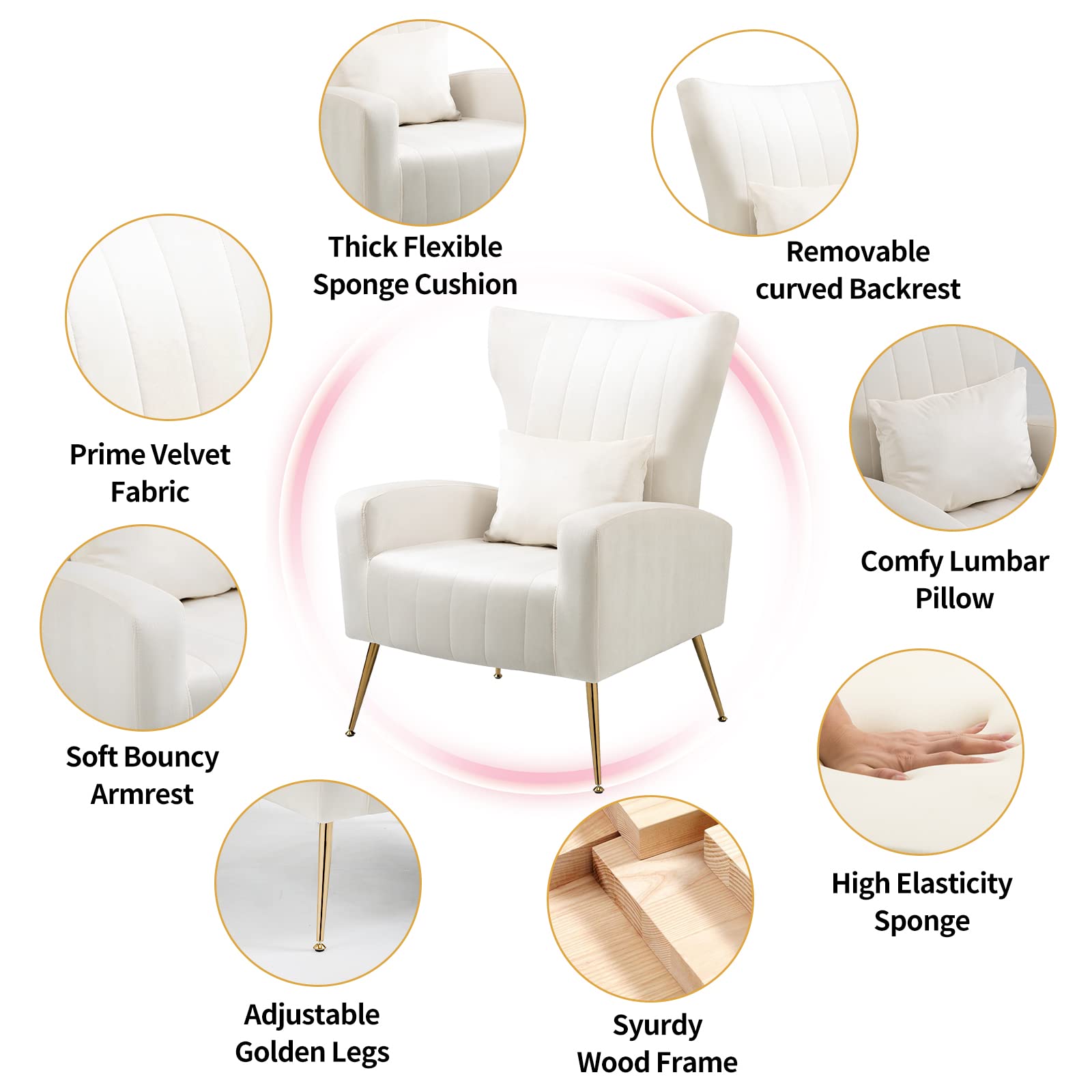 X-VOLSPORT Velvet Accent Chairs Set of 2 - Mid Century Modern High Back Living Room Chairs with Waist Pillow | Upholstered Armchairs with Gold Metal Legs for Bedroom, Living Room & Club | Perfect for Home Decor, Lounge & Relaxation