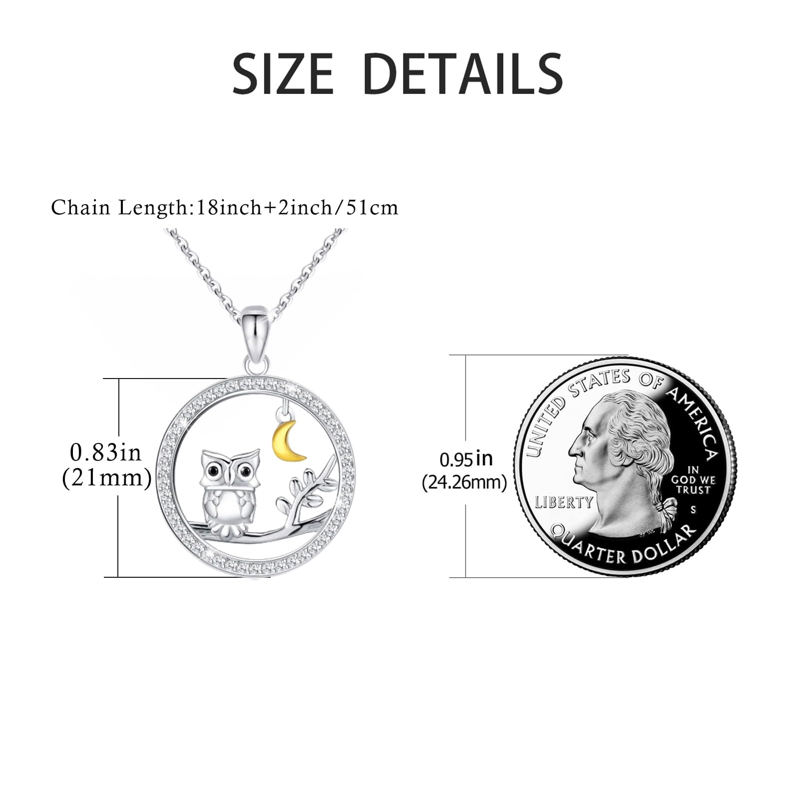 TANGPOET 925 Sterling Silver Owl Pendant Necklace for Women - Elegant Owl on Branch with Crescent Moon Charm, 18