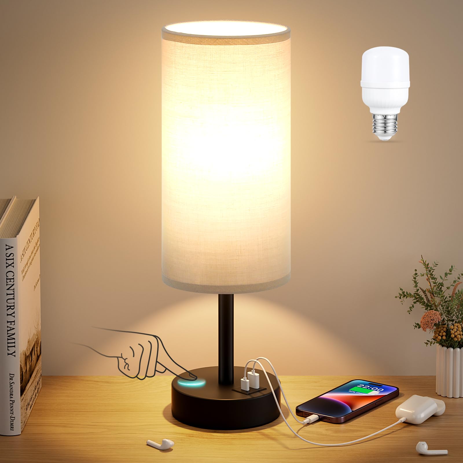 Grey 3-Way Dimmable Touch Bedside Lamp with USB Charging Station - Adjustable Nightstand Table Lamp for Bedroom, Desk, Dorm, Office, Kids Room, Perfect for Reading, Studying, and Relaxing