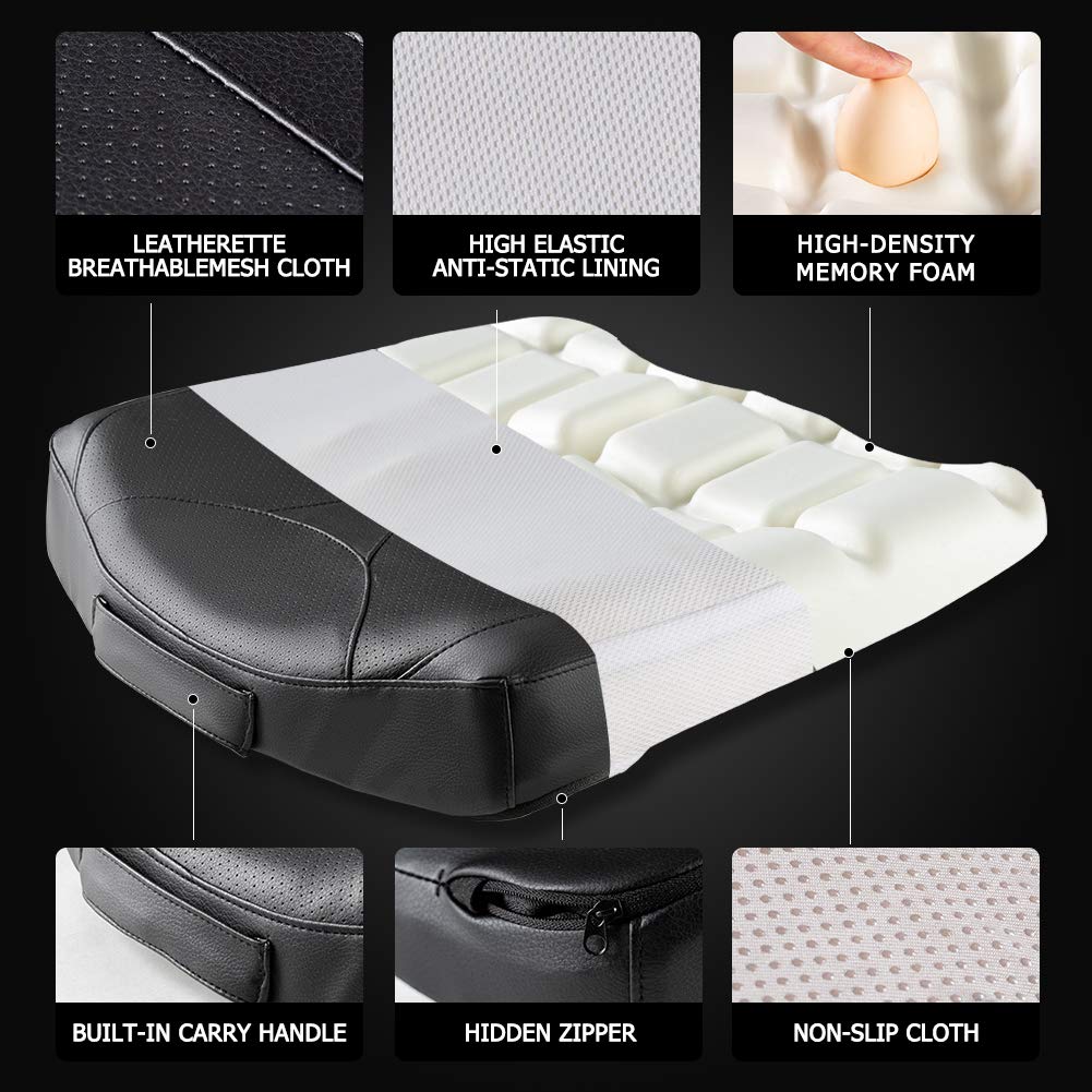 Premium Leather Car Seat Cushion with Memory Foam - Adjustable Height Booster for Short Drivers, Relieves Hip (Coccyx/Tailbone) & Lower Back Pain - Comfortable Butt Pillow for Cars, Trucks & SUVs (Black) - Perfect for Long Commutes, Road Trips & Daily Driving Comfort