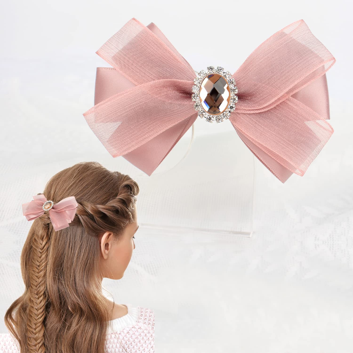 Elegant Dark Pink Satin Hair Bows for Women - Rhinestone & Yarn Embellished Barrettes | Perfect for Weddings, Parties & Special Occasions