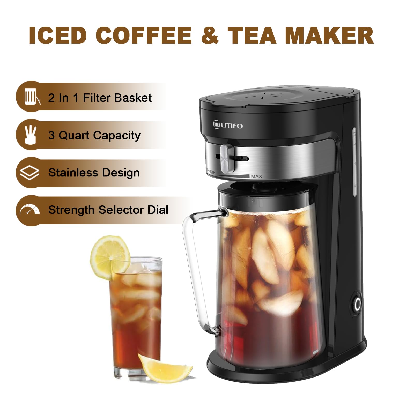 LITIFO 2.5-Quart Stainless Steel Iced Tea & Coffee Maker with Adjustable Strength Selector - Perfect for Home, Office & Outdoor Use (Black 2.0)