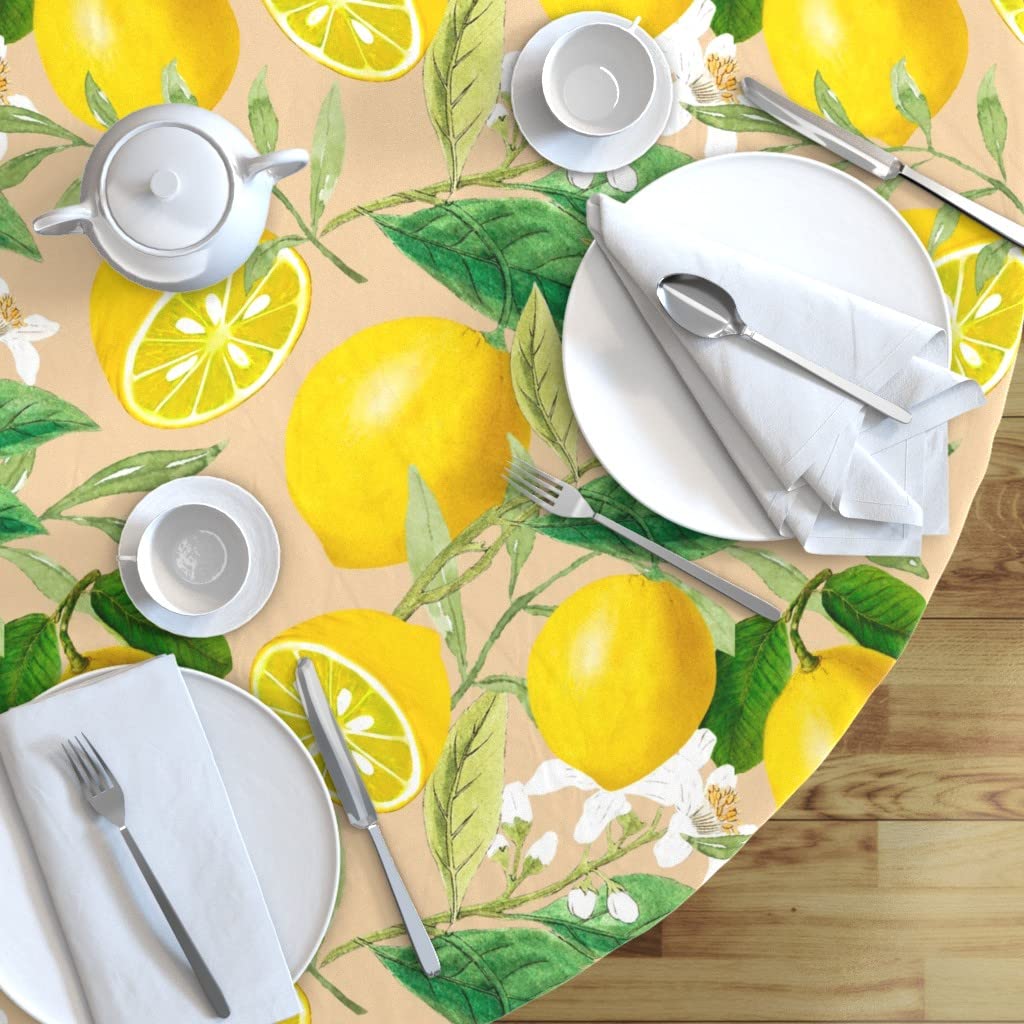 Custom Summer Citrus Lemon Fruit Print Cotton Sateen Tablecloth - 70 Inch Round Kitchen Table Linens for Dining Room Decor & Outdoor Picnics