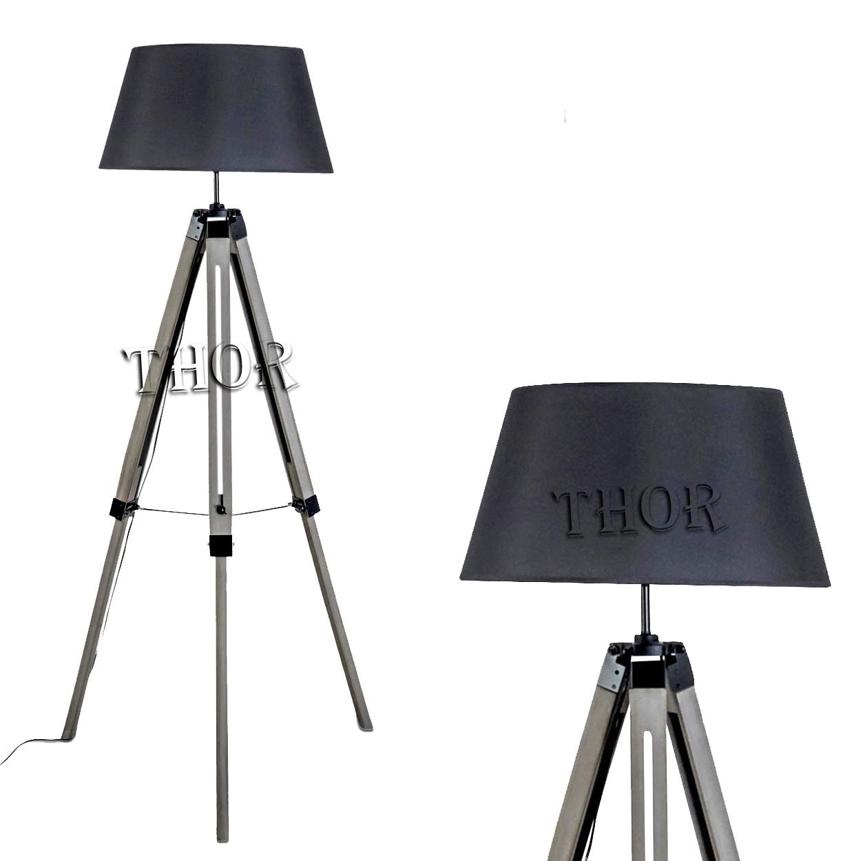 THOR INSTRUMENTS Vintage Wooden Tripod Floor Lamp - Rustic Nautical Decor for Living Room, Bedroom & Office - Handcrafted Wood Base (Shade Not Included) - Perfect Home Decor Gift Idea
