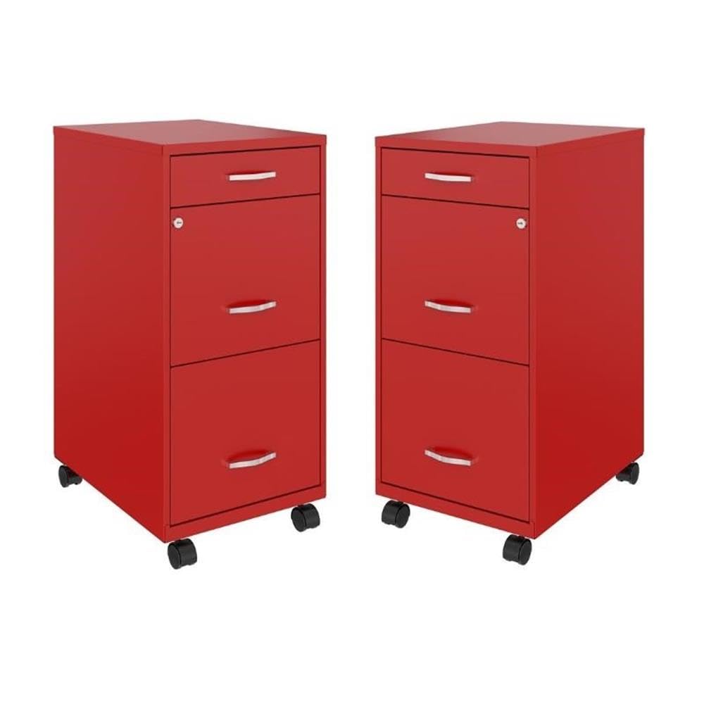 Home Square 3-Drawer Mobile Metal Filing Cabinet Set in Red (Set of 2) - Office Organization & Document Storage Solution for Home or Business
