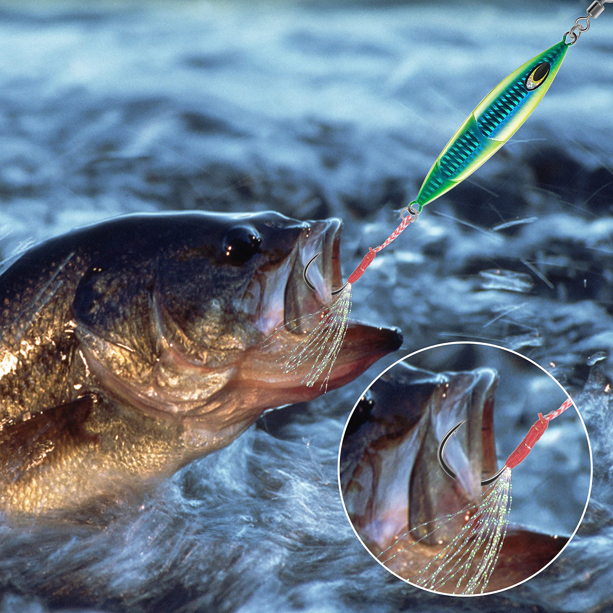 AGOOL Jigging Assist Hooks with Bucktail Teaser Kit - 100pcs Saltwater Fishing Hooks with Crystal Flash for Slow Pitch & Vertical Jigging - Perfect for Deep Sea Fishing, Tuna, Grouper, and Saltwater Game Fish