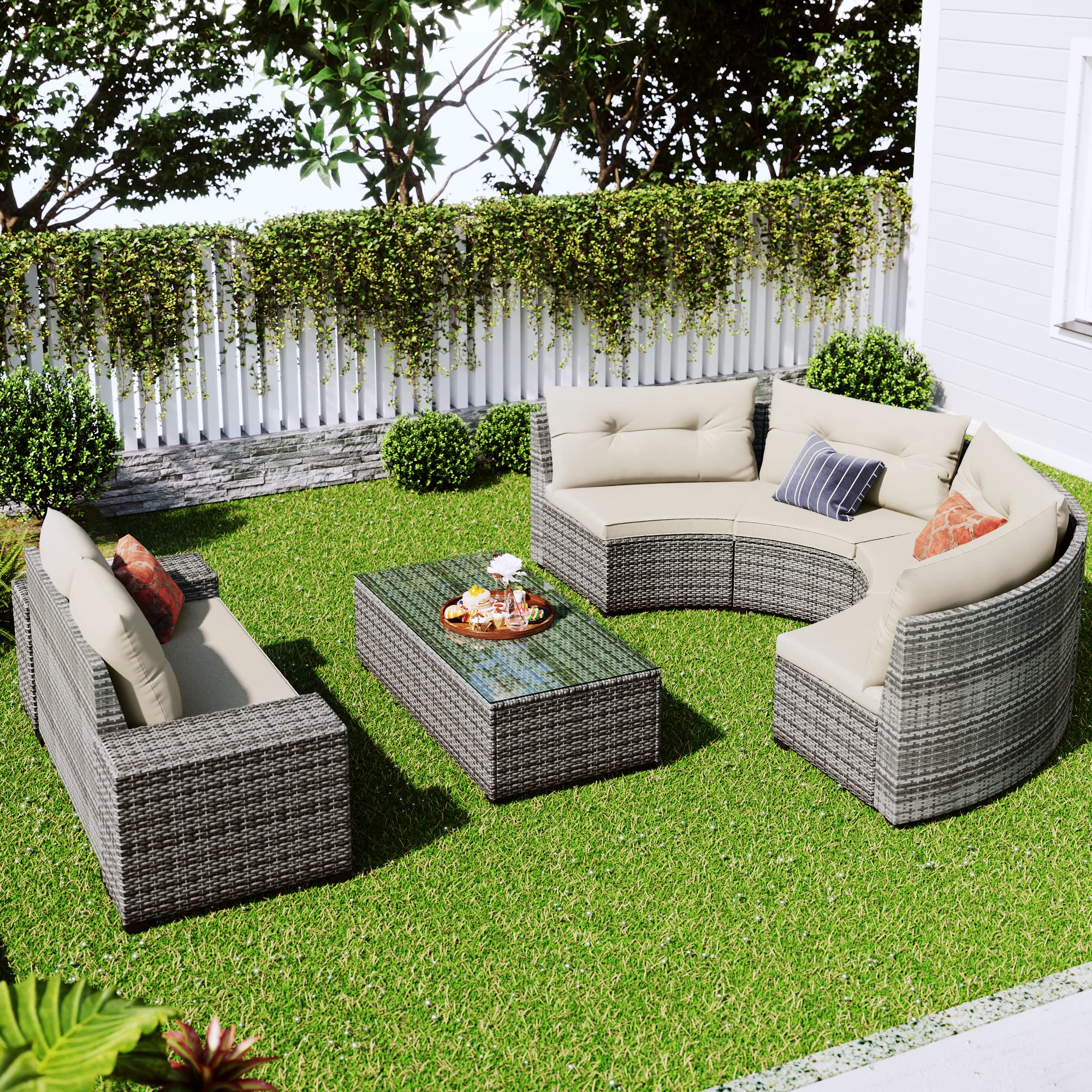 BNSPLY 8-Piece Patio Half-Moon Sectional Furniture Set - Beige Wicker Outdoor Curved Sofa with Glass Coffee Table, Side Tables & Cushions - Perfect for Garden, Poolside, and Backyard Relaxation