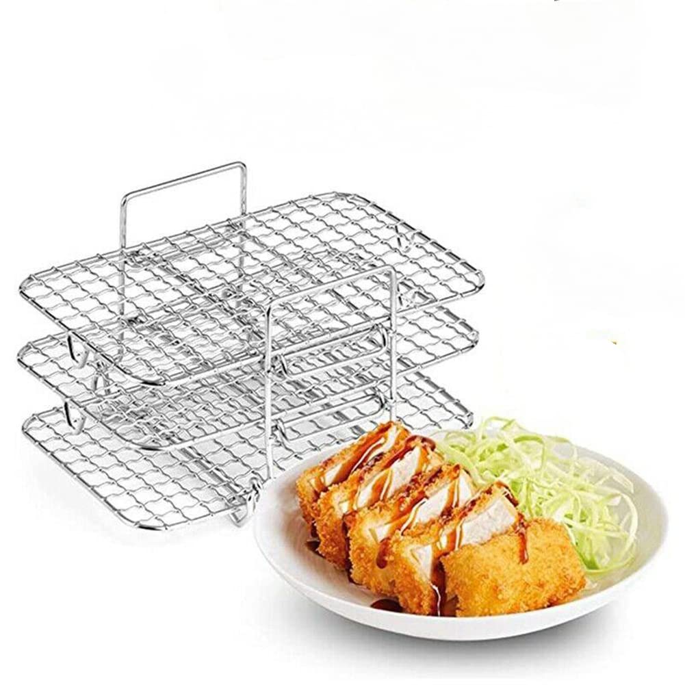 304 Stainless Steel 3-Tier Air Fryer Rack for Dual Basket Air Fryers - Nonstick Multi-Layer Dehydrator & Toast Rack Accessory - Perfect for Healthy Cooking, Meal Prep & Snack Making at Home