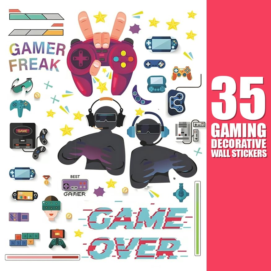 DEKOSH Gaming Room Decor Full Set for Boys - 35-Piece Gamer Wall Art & Sticker Bundle for Bedroom, Man Cave, and Game Room - Perfect for Teen & Adult Gamers