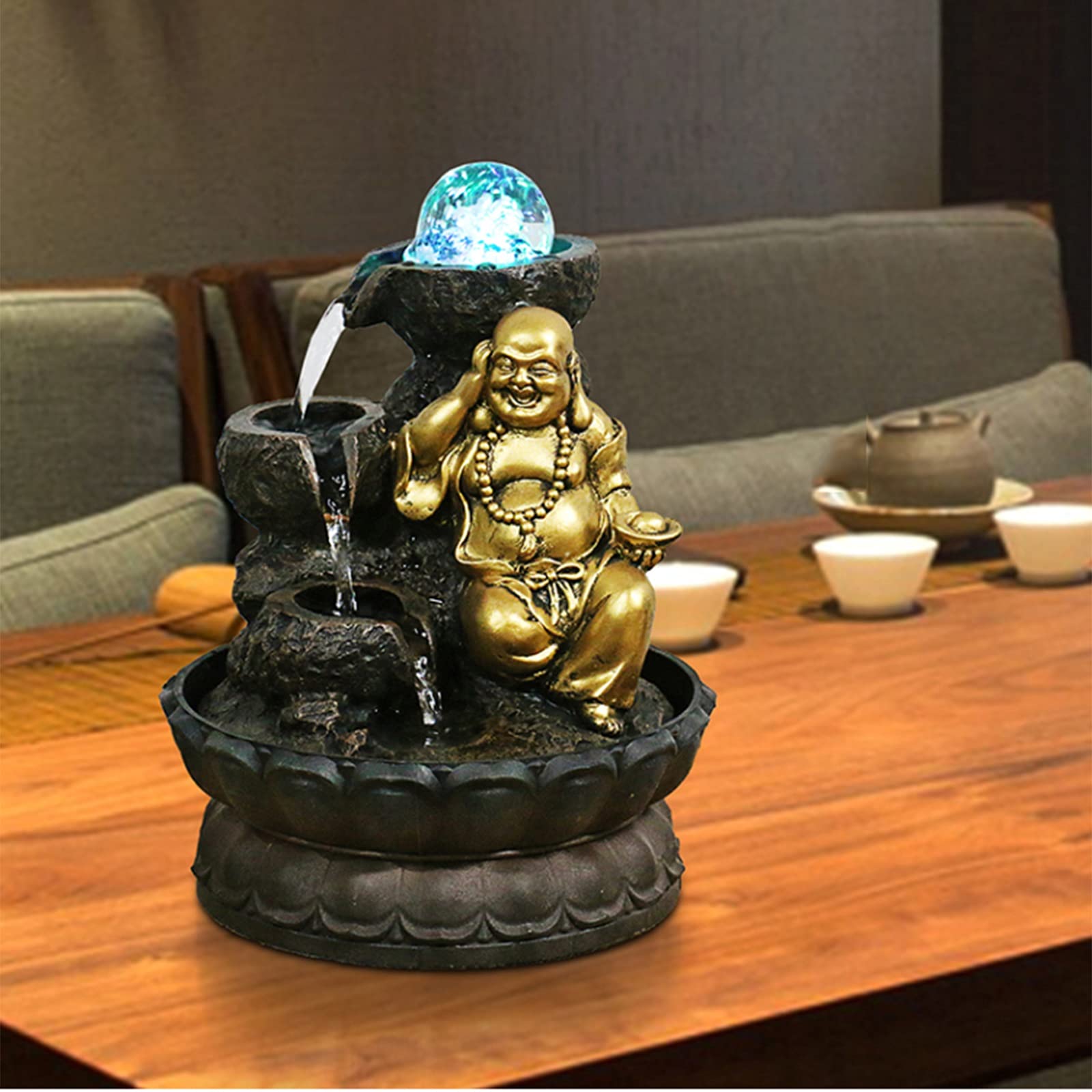 Desktop Fountain - Maitreya Buddha Tabletop Fountain for Good Luck, Home & Office Decor, Living Room, TV Cabinet, Tea Room, Meditation Space - Relaxing Waterfall Fountain for Stress Relief & Zen Ambiance