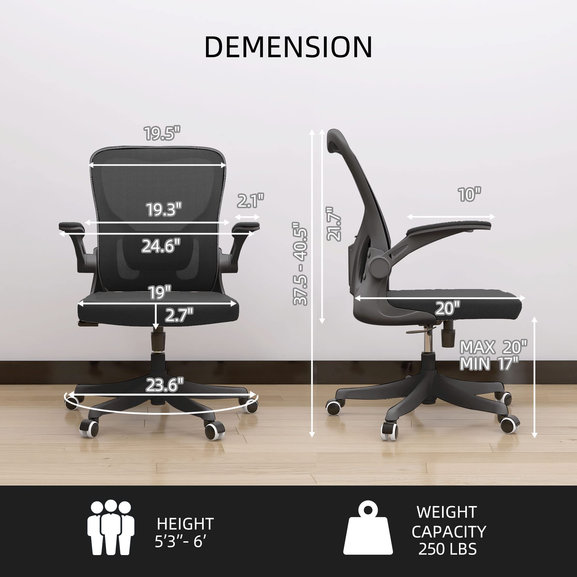 Ergonomic Office Chair with Lumbar Support - Adjustable Height & 2D Flip-Up Arms - Breathable Black Mesh Desk Chair for Home Office, Study & Gaming - Perfect for Long Work Hours & Online Meetings