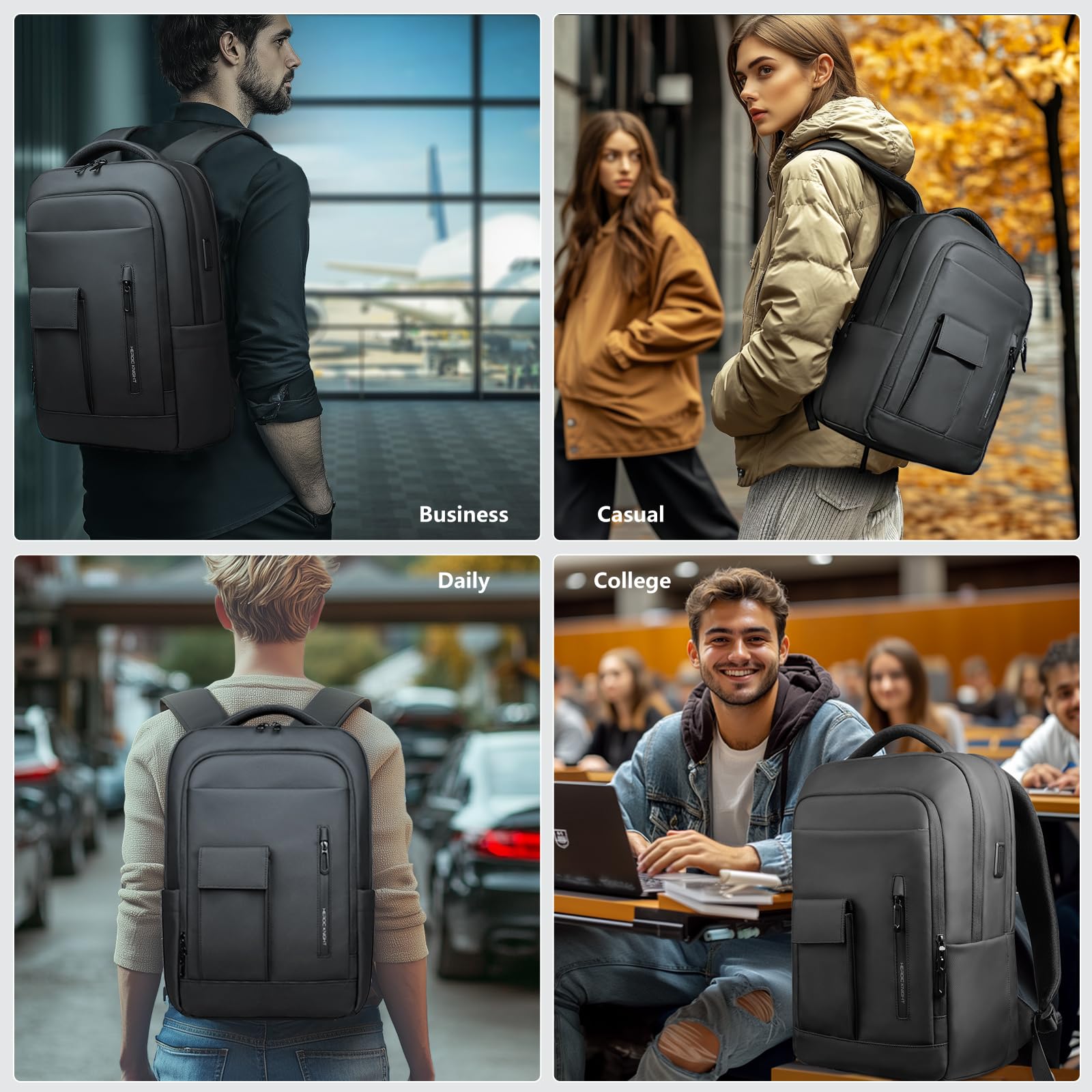 Men's 16 Inch Laptop Backpack with USB Charging Port, Water Resistant Business Travel Backpack for Work, College, and Weekender Trips - Black