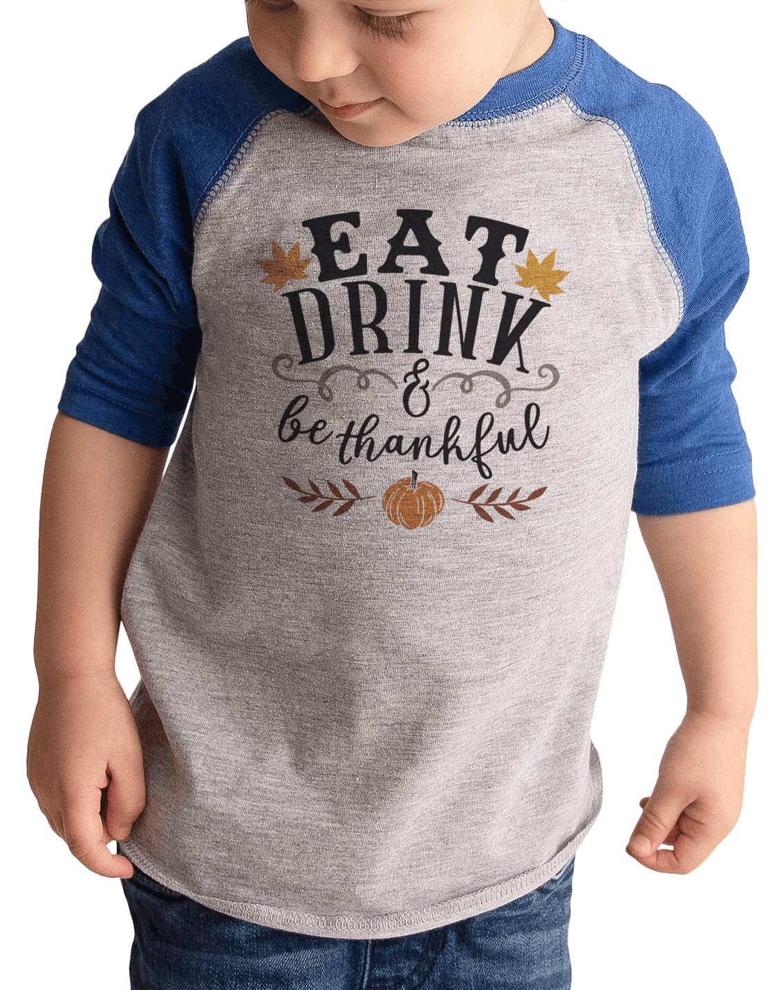 7 ate 9 Apparel Kids Thanksgiving Shirt - Eat Drink Be Thankful Graphic Tee for Boys & Girls | Holiday Family Gathering Outfit