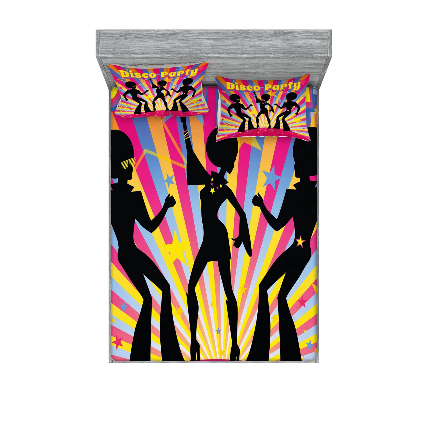 Ambesonne Disco Dance 2-Pack Queen Size Fitted Sheet Set with 4 Pillow Shams - Funky Multicolor Bedding for Party & Themed Room Decor - Perfect for Dance Parties, Sleepovers and Retro Home Styling