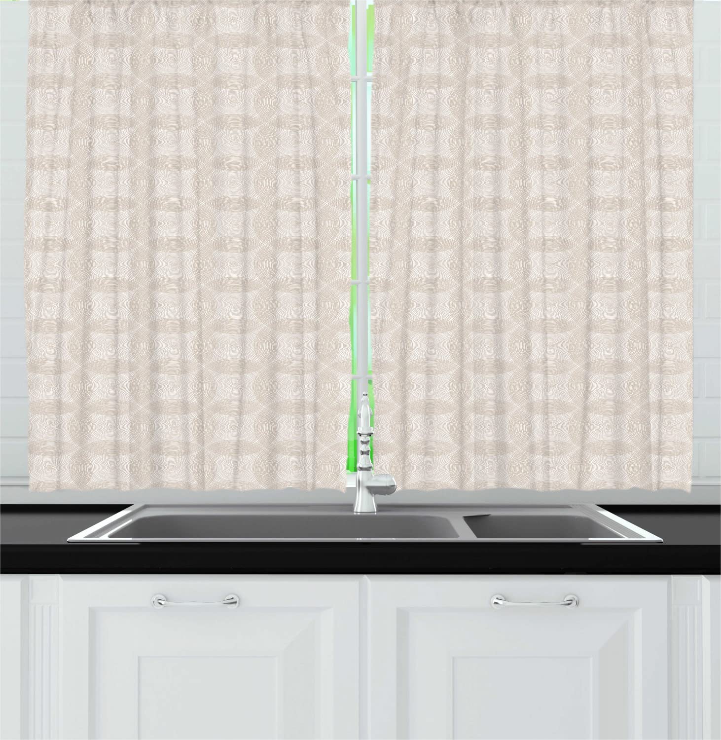 Ambesonne Abstract Long Kitchen Curtains - Bohemian Geometric Design with Soft Tone Circles & Spirals, 55x45 Inch Beige & White Window Drapes with Rod Pocket (Set of 2 Panels) - Perfect for Boho Chic Living Rooms, Bedrooms & Kitchen Decor