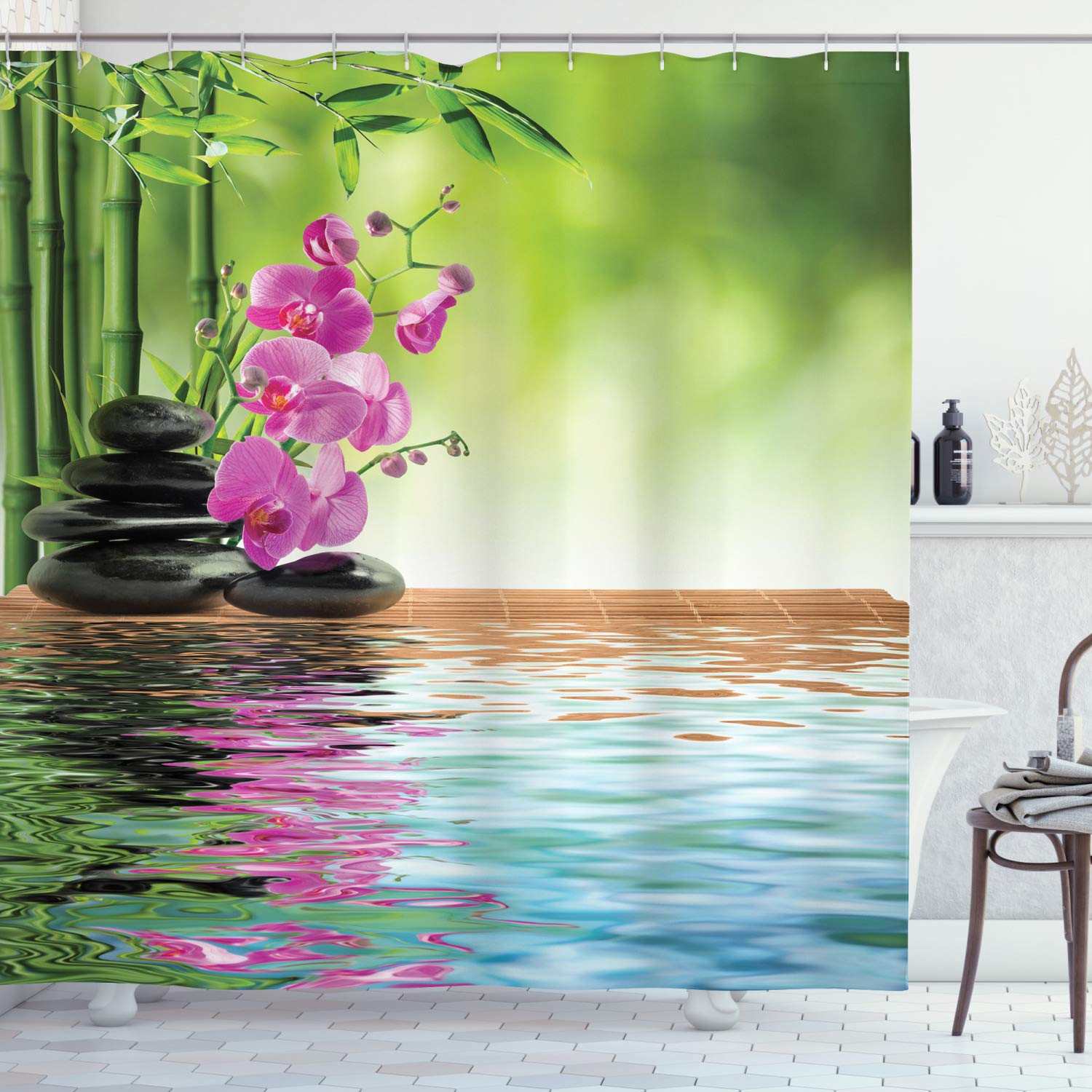 Ambesonne Spa Shower Curtain - Orchid Flowers, Pebble Stones & Bamboo Water Design - 69