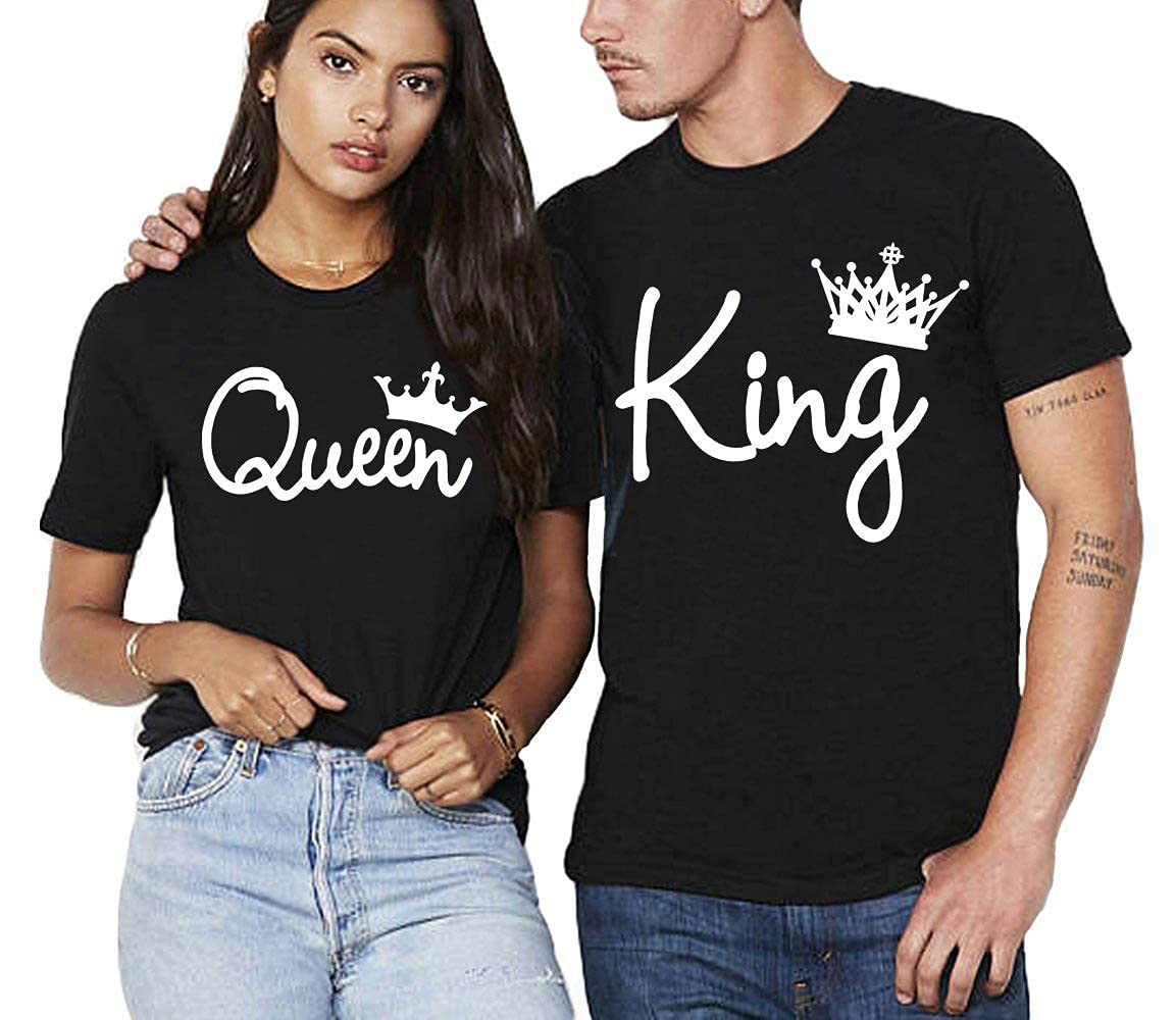 SunAndRain Matching Couples T-Shirts for Him & Her - King & Queen Design Cotton Couple Shirts for Anniversary, Valentine's Day & Date Night Outfits