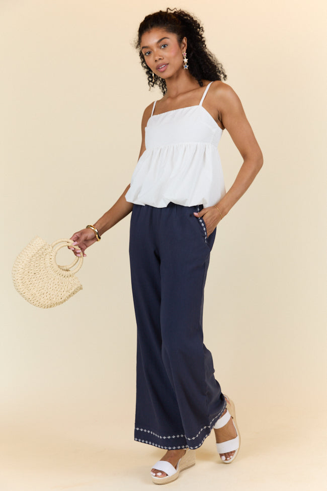 Just Feels Right Navy Blue Embroidered Casual Pants for Women - Comfortable & Stylish - Perfect for Work, Travel & Everyday Wear - FINAL SALE