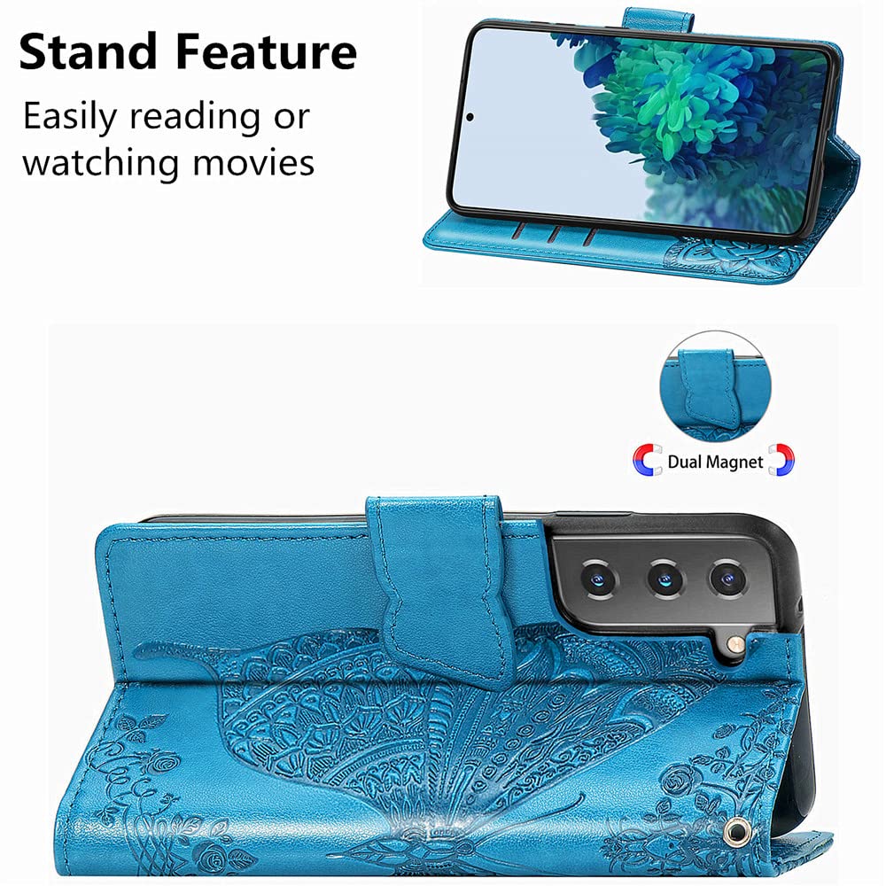 Premium PU Leather Samsung Galaxy S22 Case with Kickstand, Card Slots & Wrist Strap - Elegant Embossed Butterfly Flower Design for Samsung S22 (6.1 inch, A-Blue) | Perfect for Work, Travel & Everyday Protection