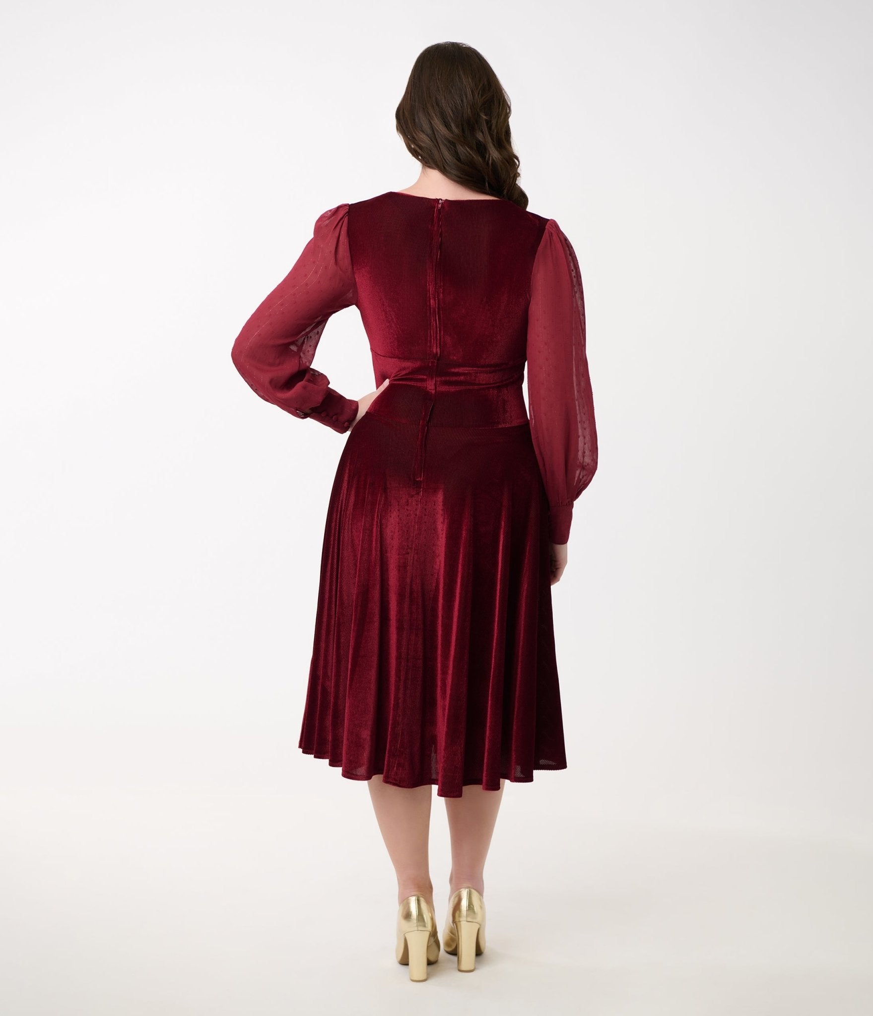 Vintage 1950s Berry Red Velvet Swing Dress with Sheer Sleeves - Retro Pinup Style for Parties, Weddings & Special Occasions